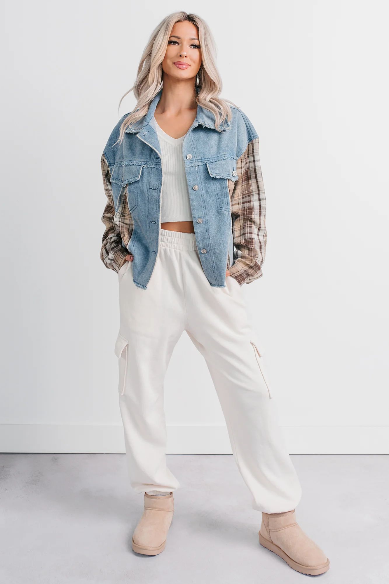 Daily Mode Plaid Denim Mix Jacket (Taupe Blend) - Image 6
