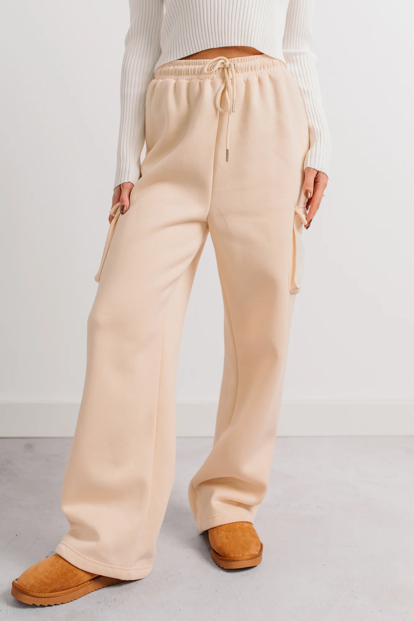 Daily Pause Wide Leg Cargo Sweatpants (Cream) - Image 3