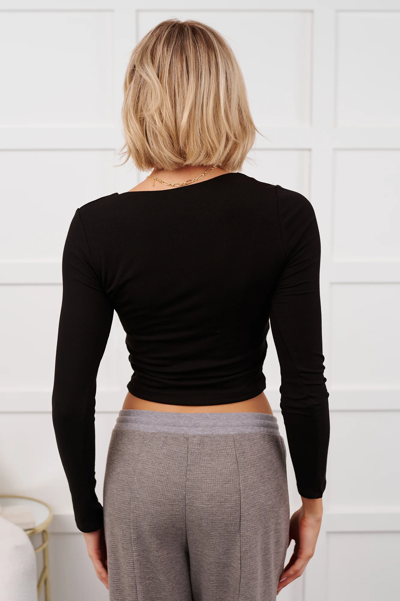 Daily Rhythm Long Sleeve V Neck Crop Top (Black) - Image 5