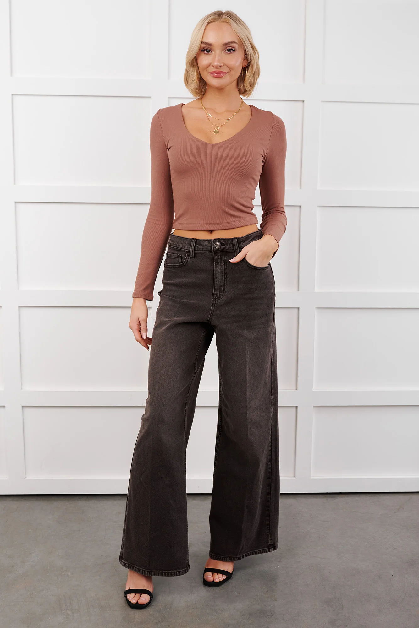 Daily Rhythm Long Sleeve V Neck Crop Top (Mocha) - Image 2