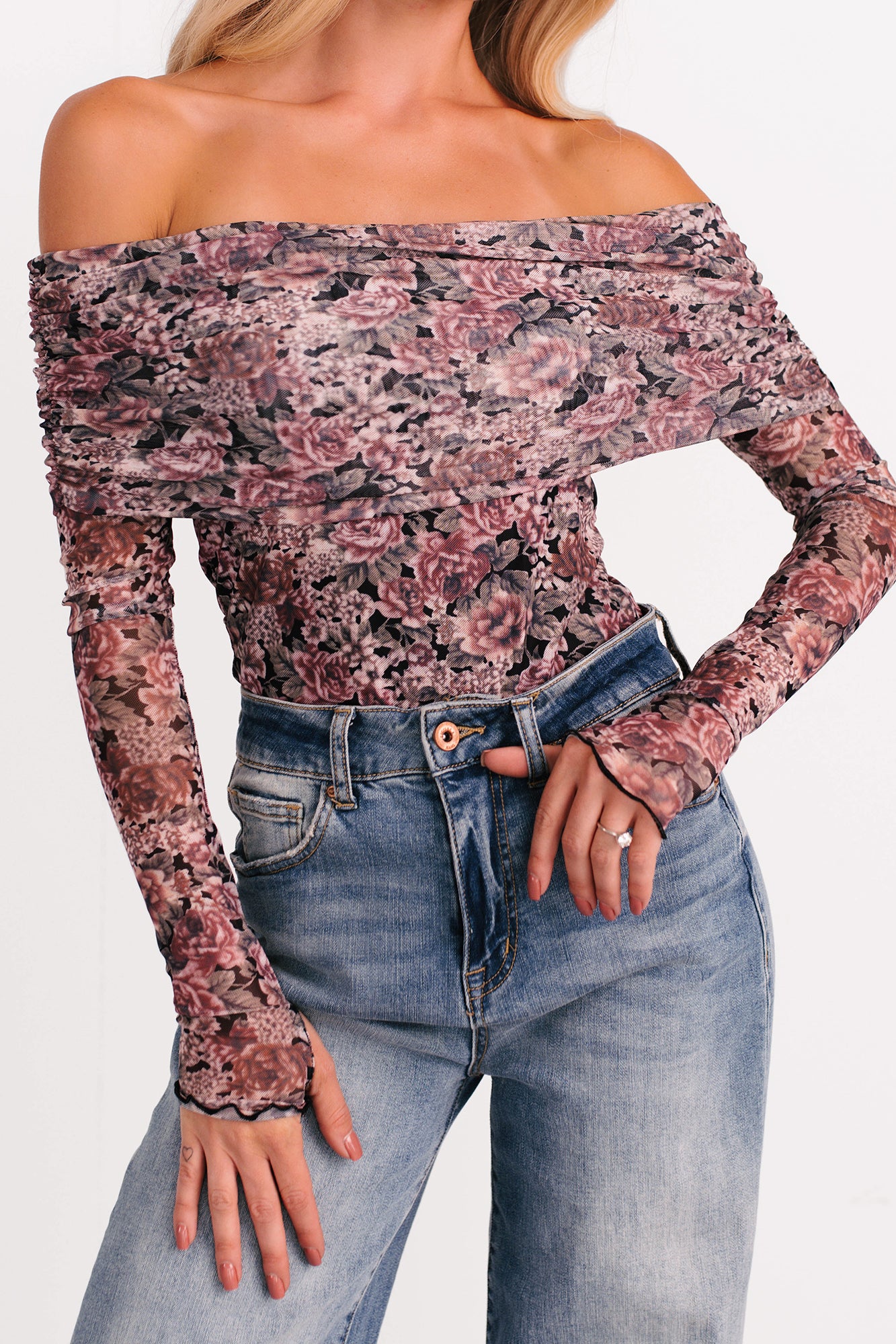 Daisy Fresh Off The Shoulder Floral Bodysuit (Black) - Image 3