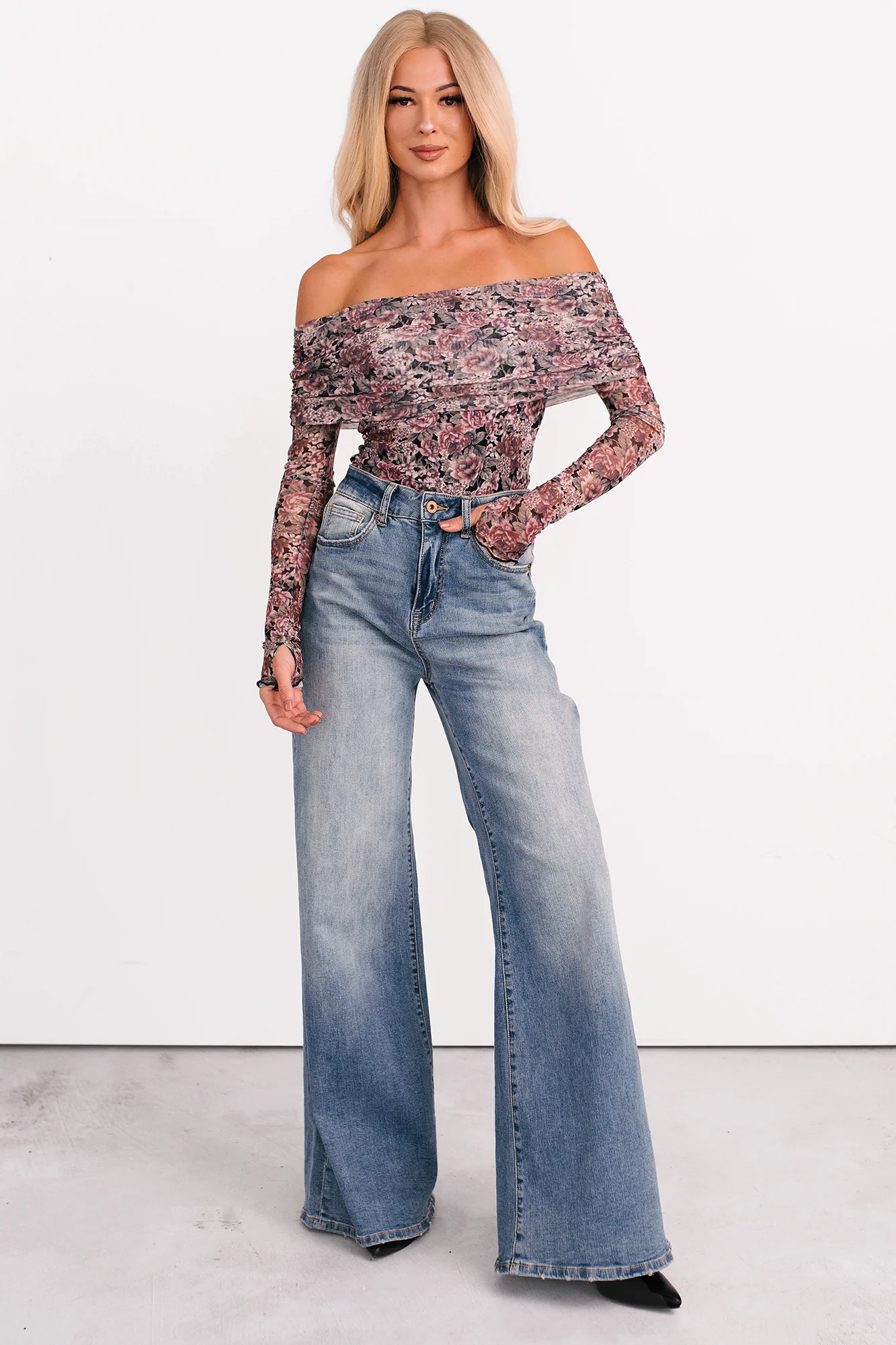 Daisy Fresh Off The Shoulder Floral Bodysuit (Black) - Image 4