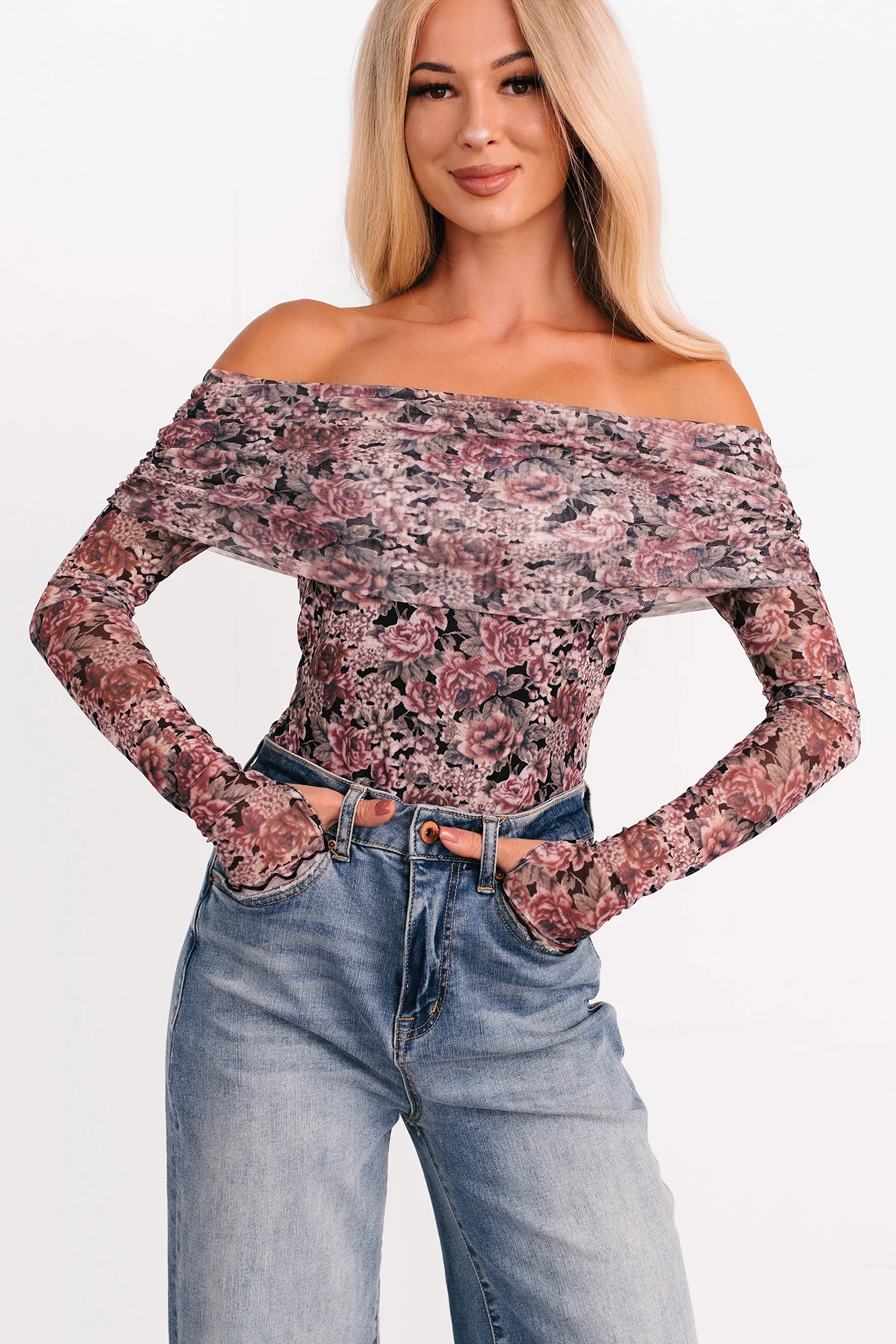 Daisy Fresh Off The Shoulder Floral Bodysuit (Black) - Image 8