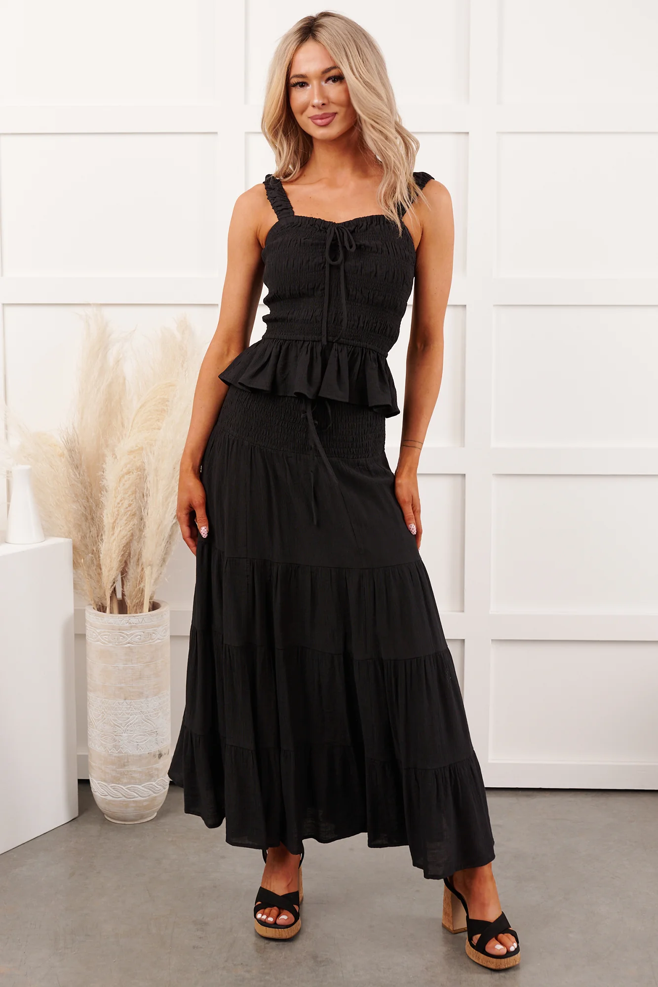 Dancing With Gravity Smocked Peplum Tank Top (Black) - Image 15