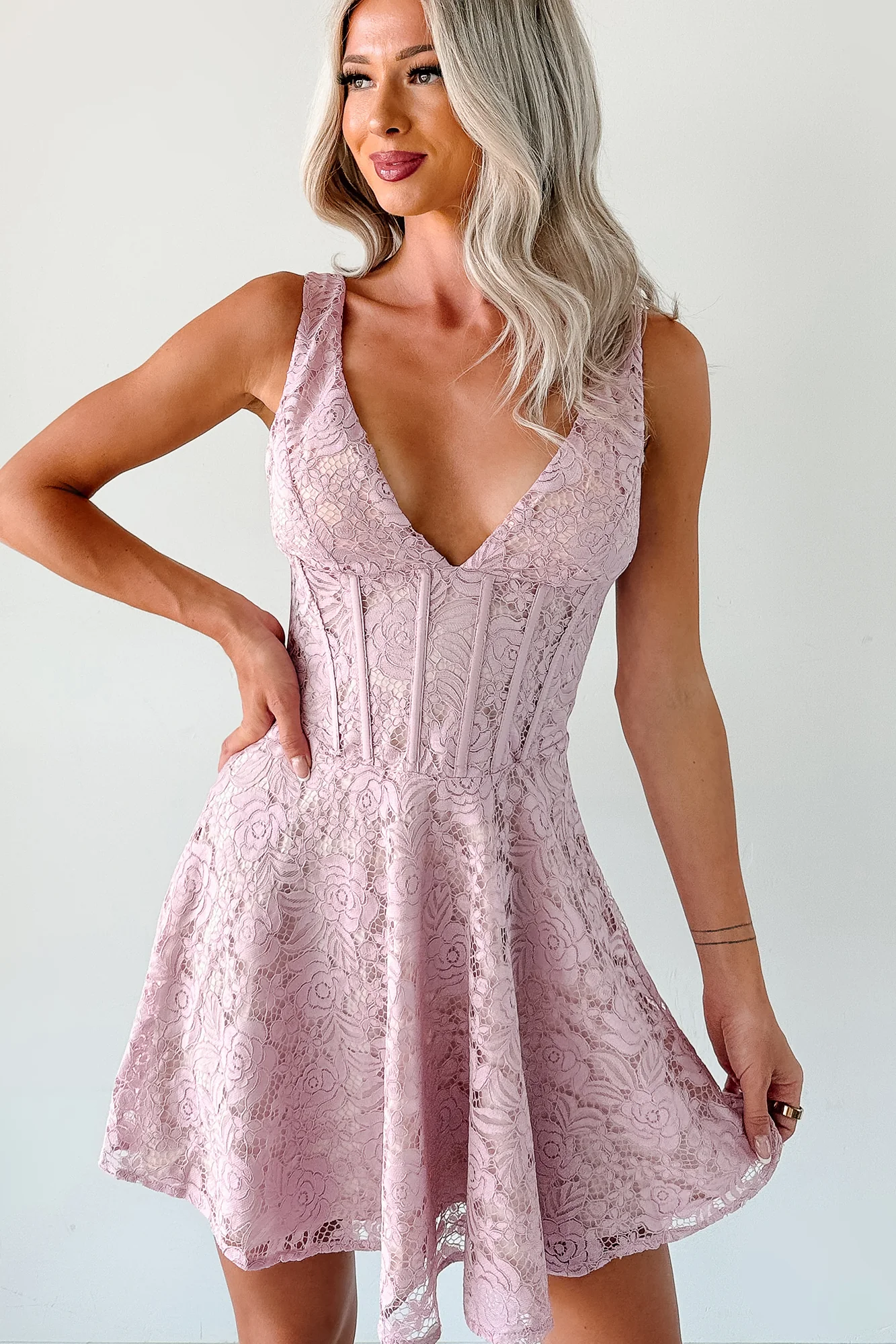 Dangerously Sweet Lace Corset Style Mini Dress (Pink) - Image 2