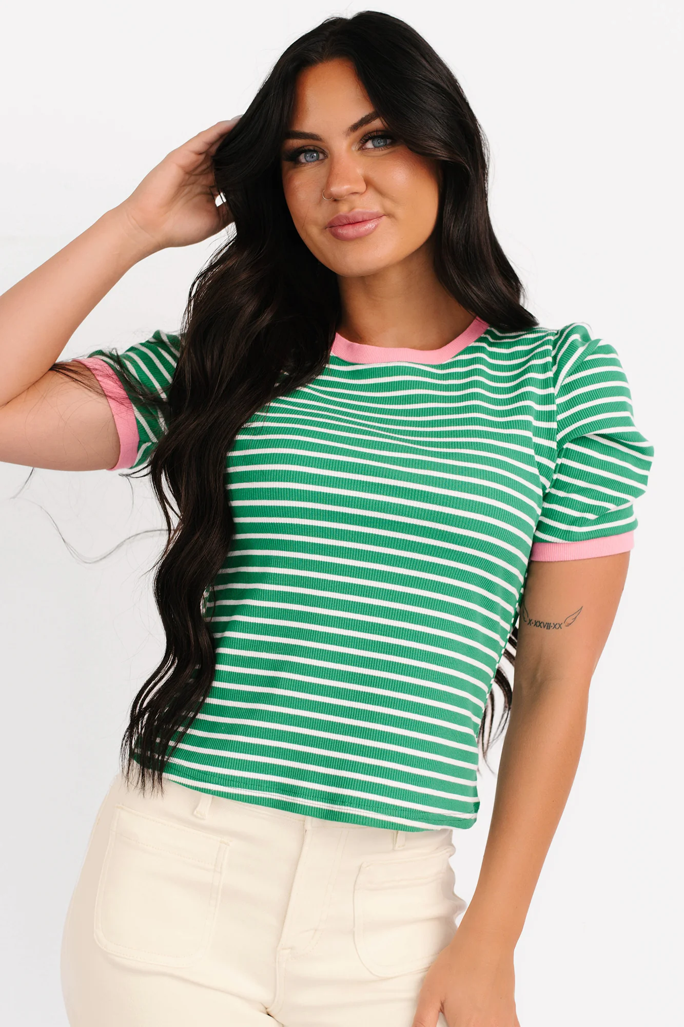 Daring Heart Striped Pleated Sleeve Top (Green/Pink) - Image 3
