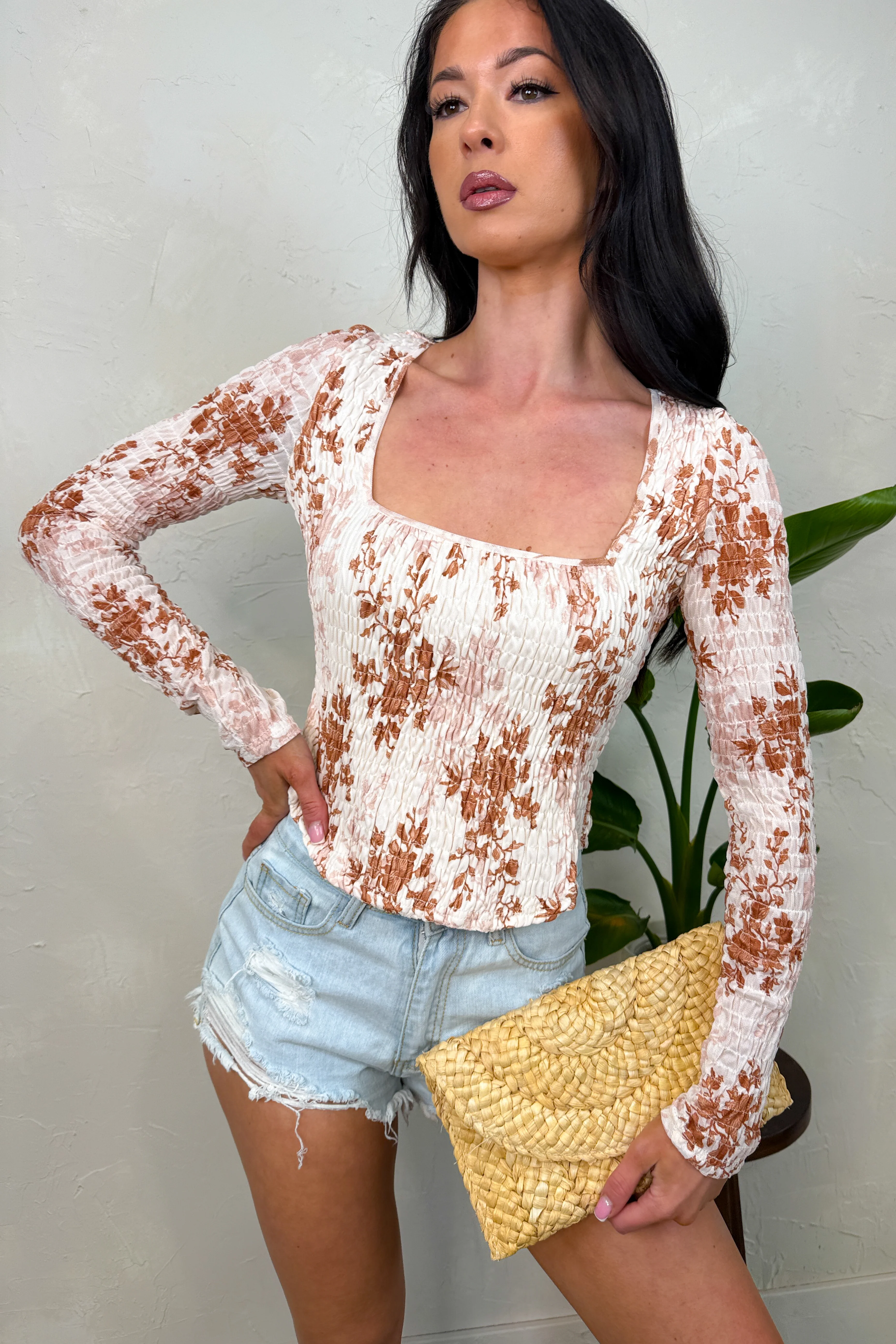 Darling Behavior Floral Long Sleeve Smocked Crop Top (Cream) - Image 5