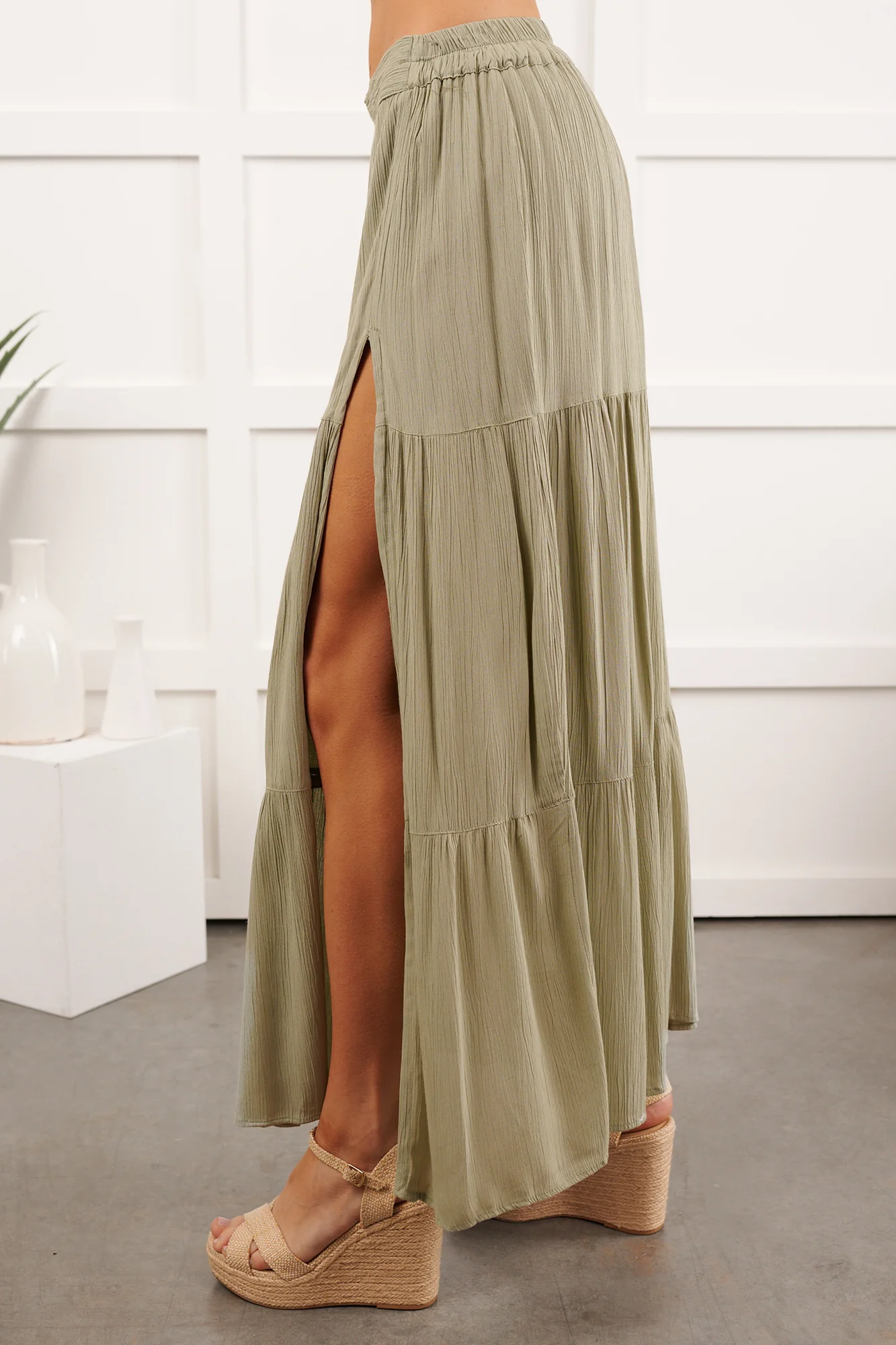 Darling Moments Tiered Slit Maxi Skirt (Sage) - Image 8