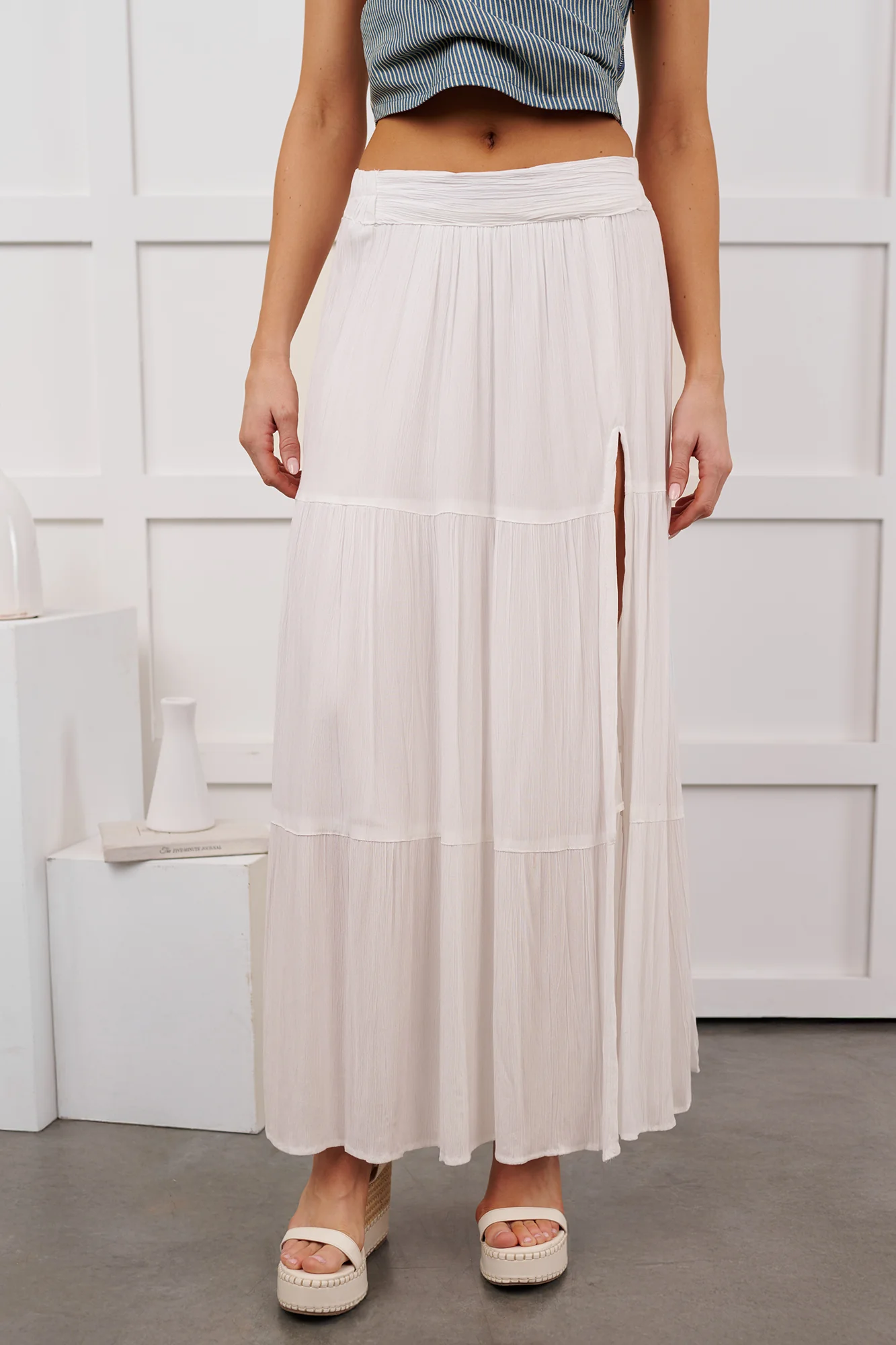 Darling Moments Tiered Slit Maxi Skirt (White) - Image 6