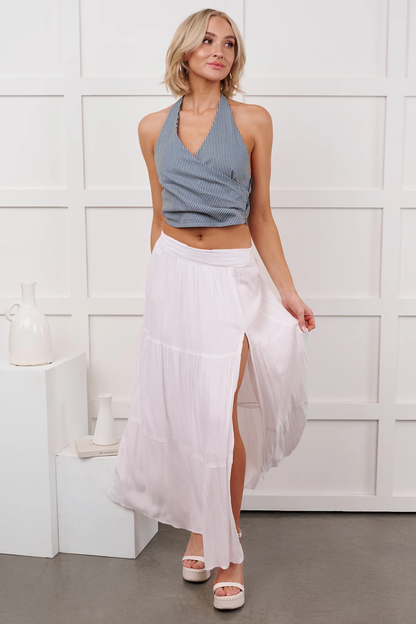 Darling Moments Tiered Slit Maxi Skirt (White) - Image 9