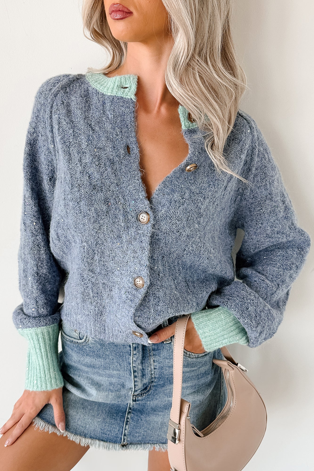 Daydream Zen Knit Contrast Glittery Cardigan (Blue) - Image 2