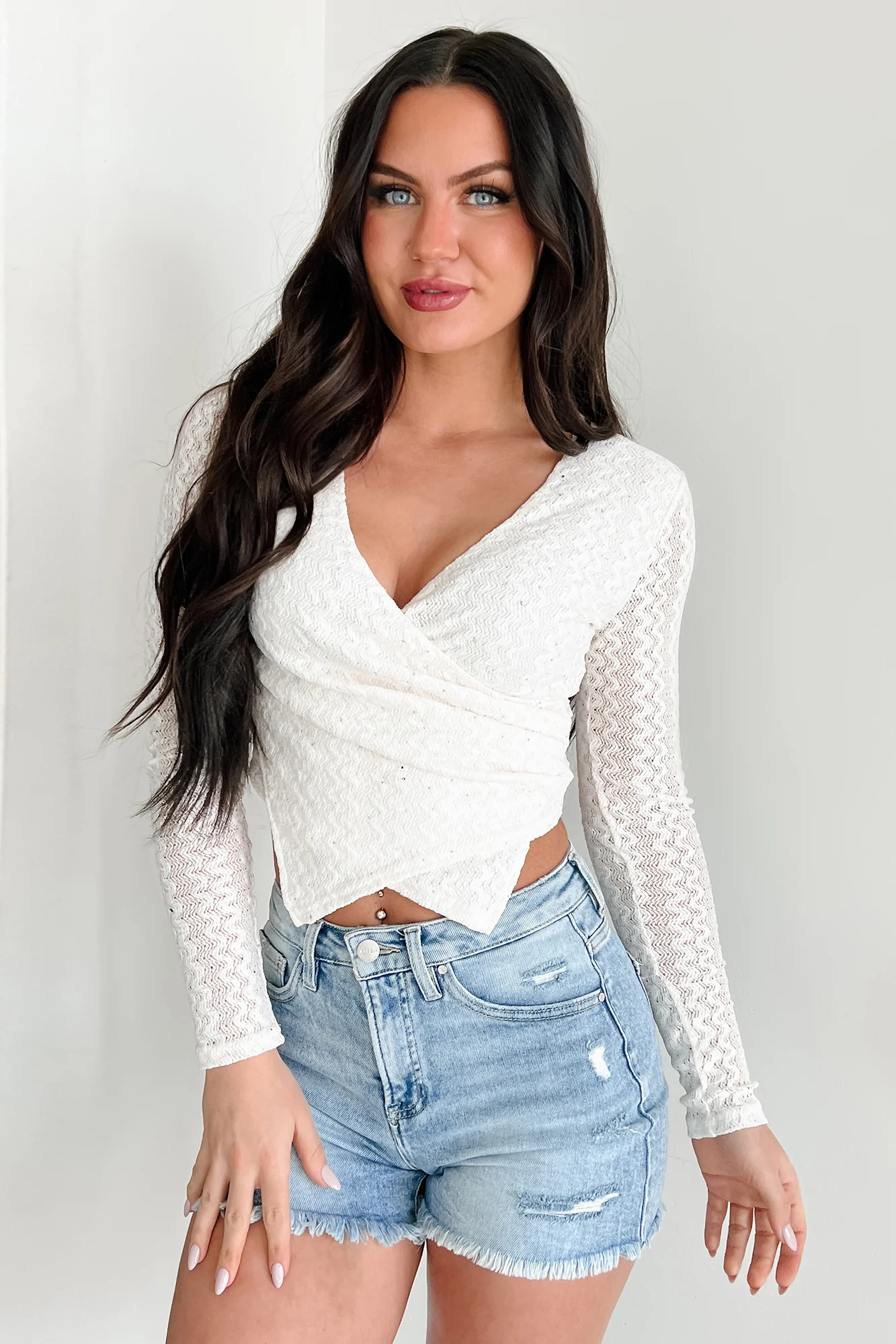 Dazzle & Daze Rhinestone Lace Long Sleeve Top (Off White) - Image 3