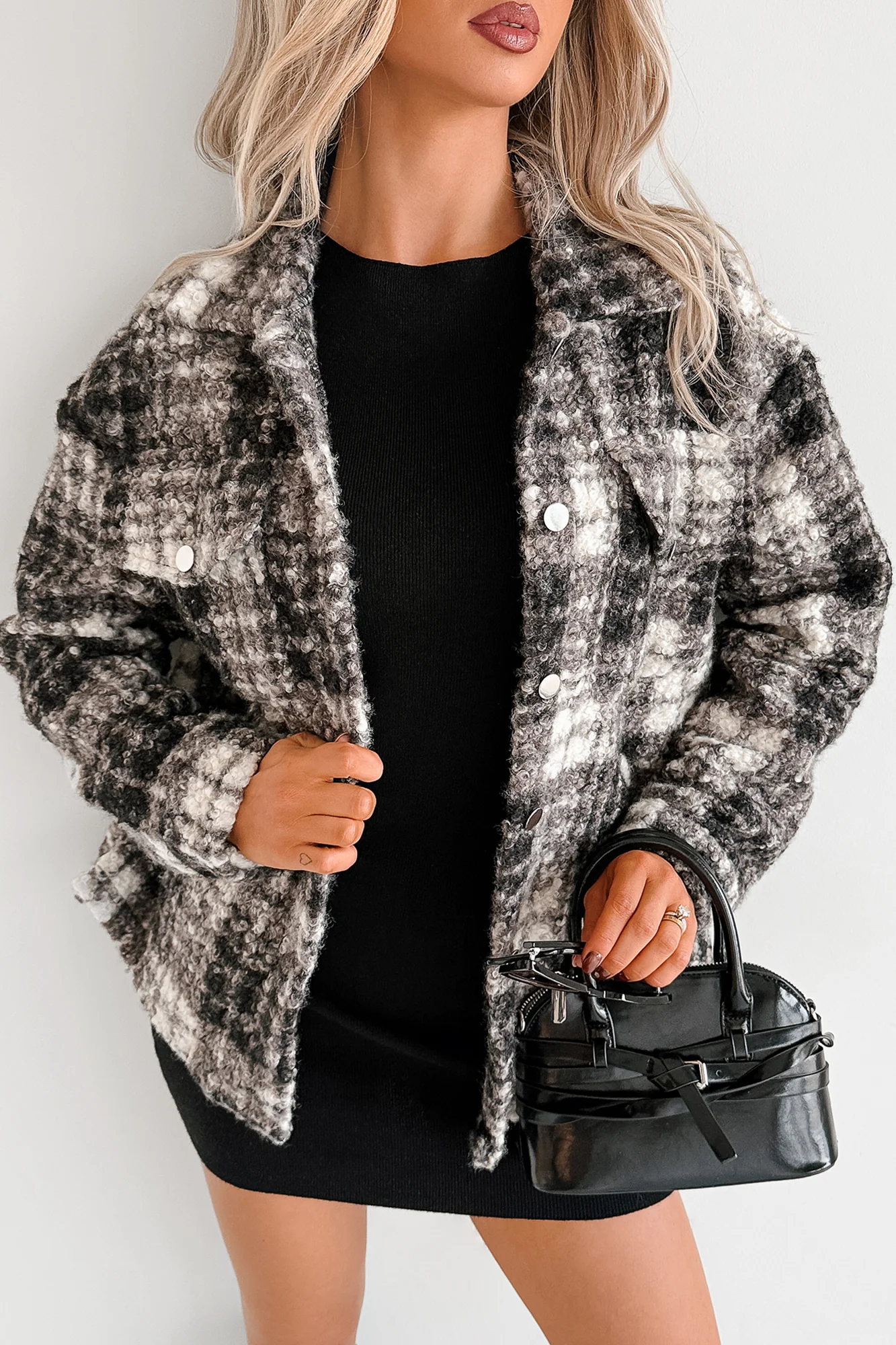 Deadline Driven Plaid Boucle Button-Up Jacket (Black) - Image 12