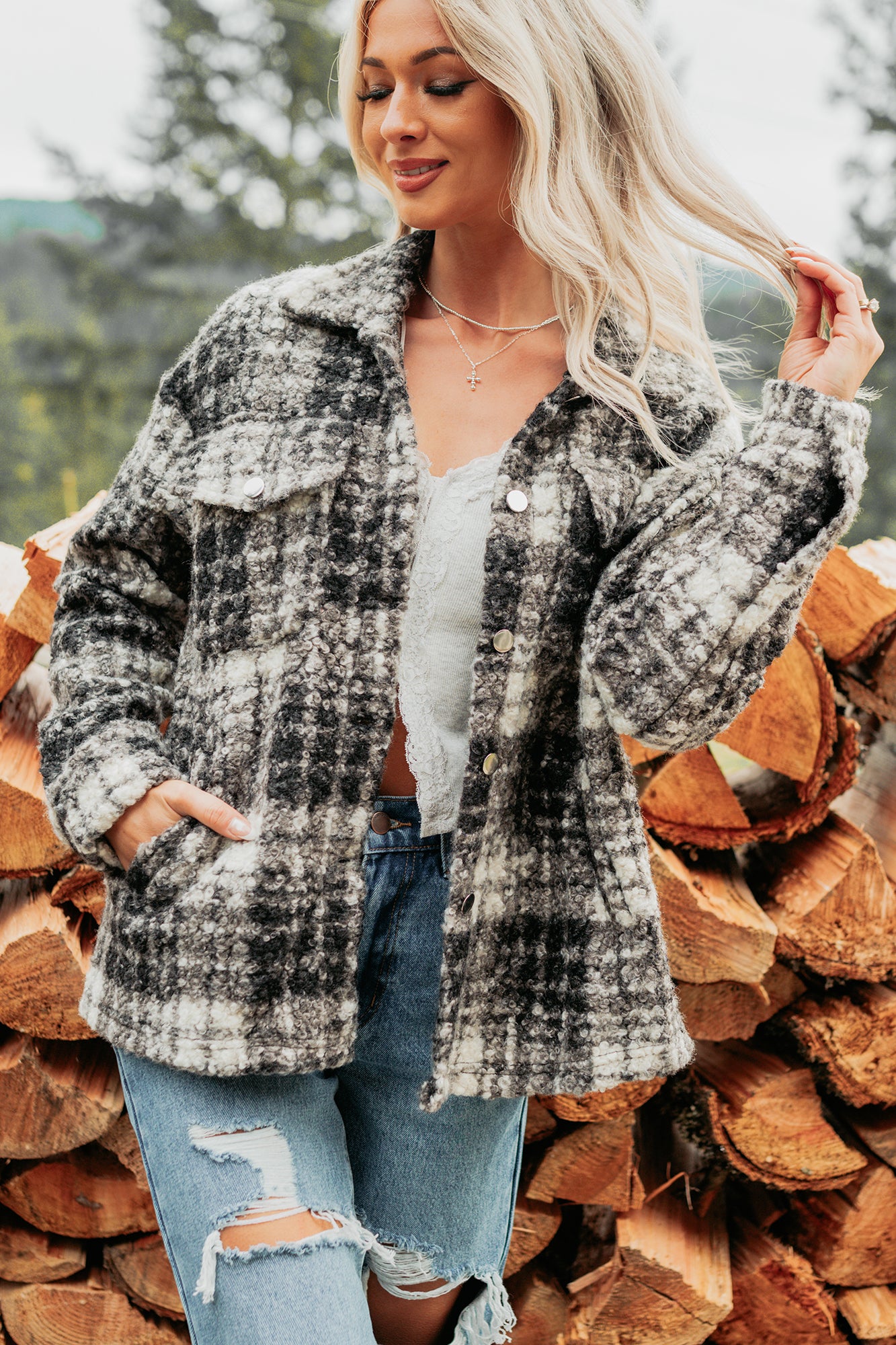Deadline Driven Plaid Boucle Button-Up Jacket (Black) - Image 5