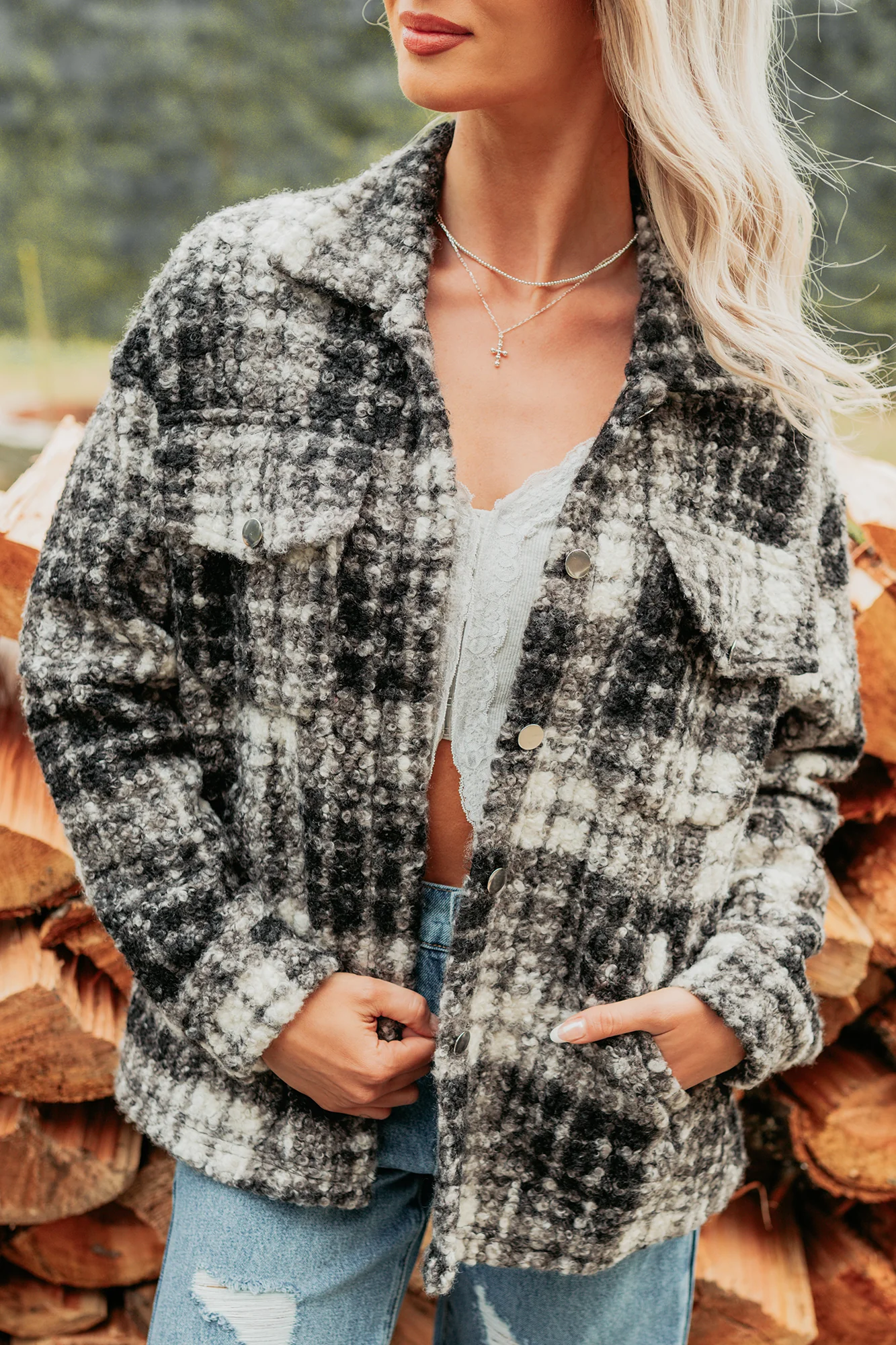Deadline Driven Plaid Boucle Button-Up Jacket (Black) - Image 8