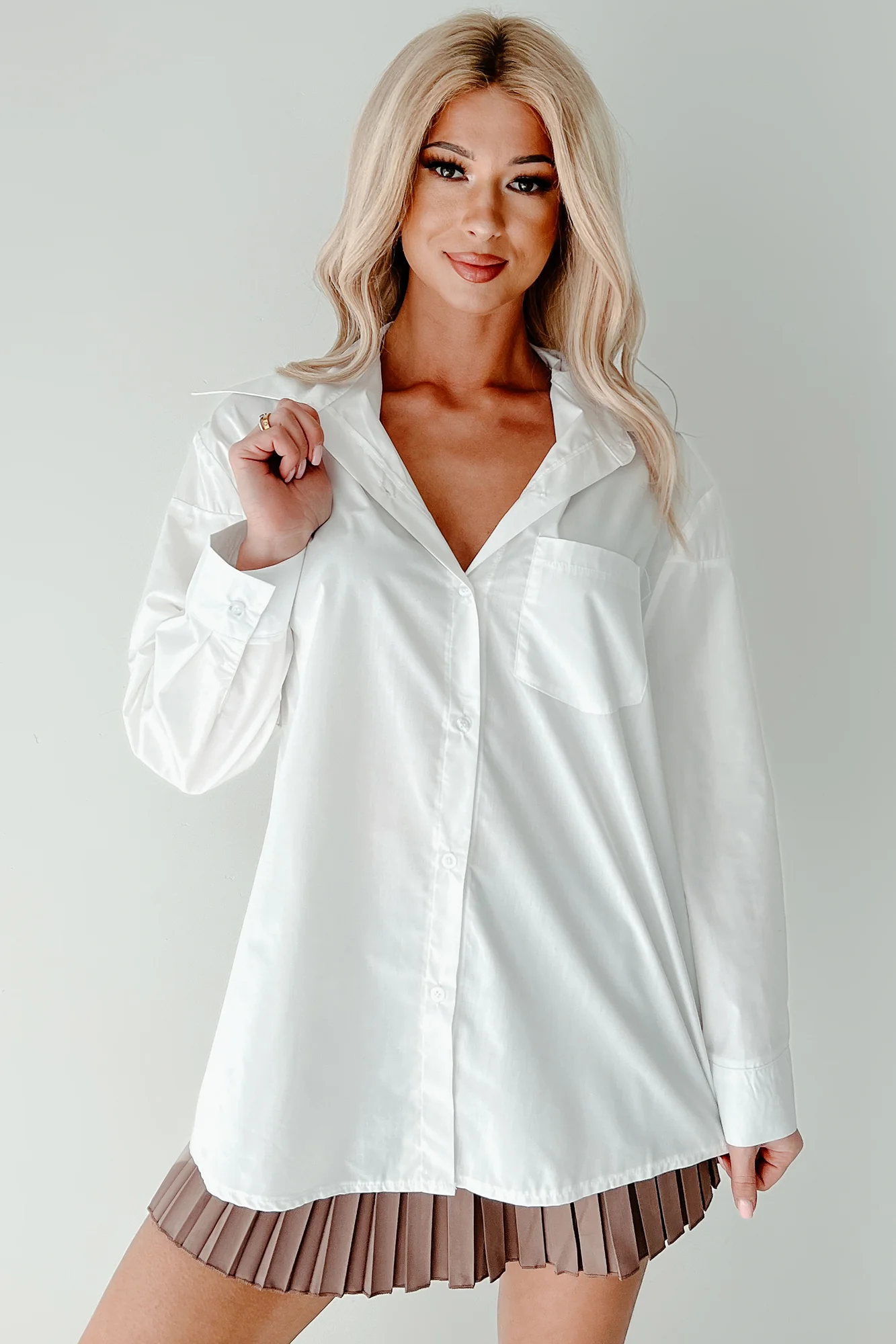 Deadline Hustle Long Sleeve Collared Top (White) - Image 11