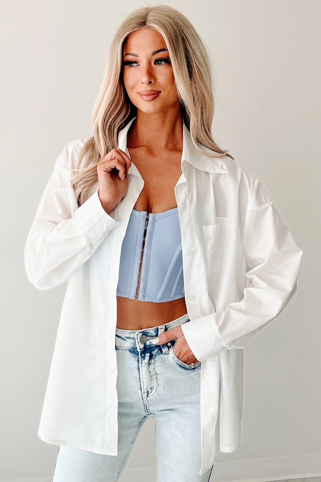 Deadline Hustle Long Sleeve Collared Top (White) - Image 9
