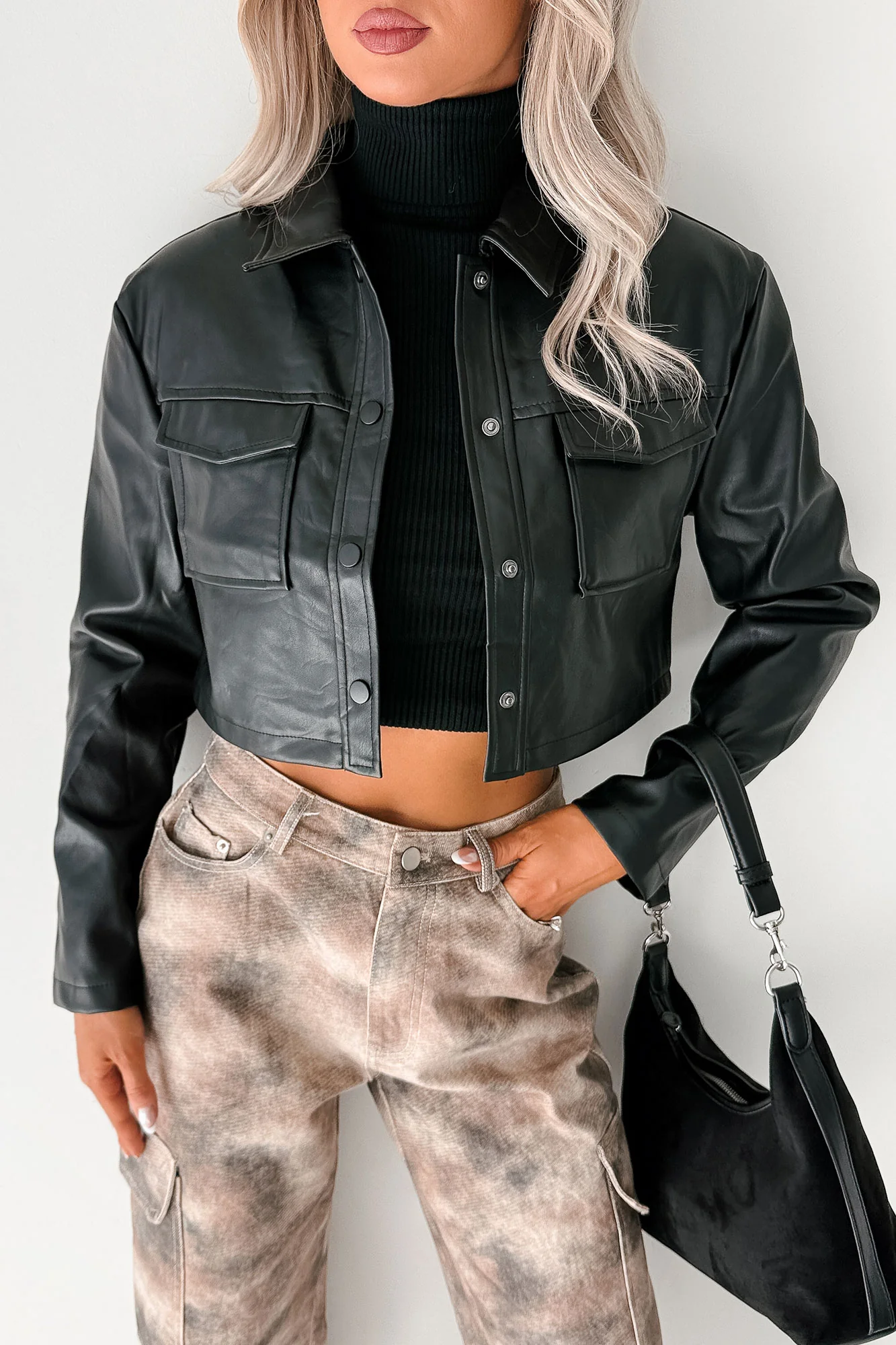 Deal With It Faux Leather Cropped Jacket (Black) - Image 4