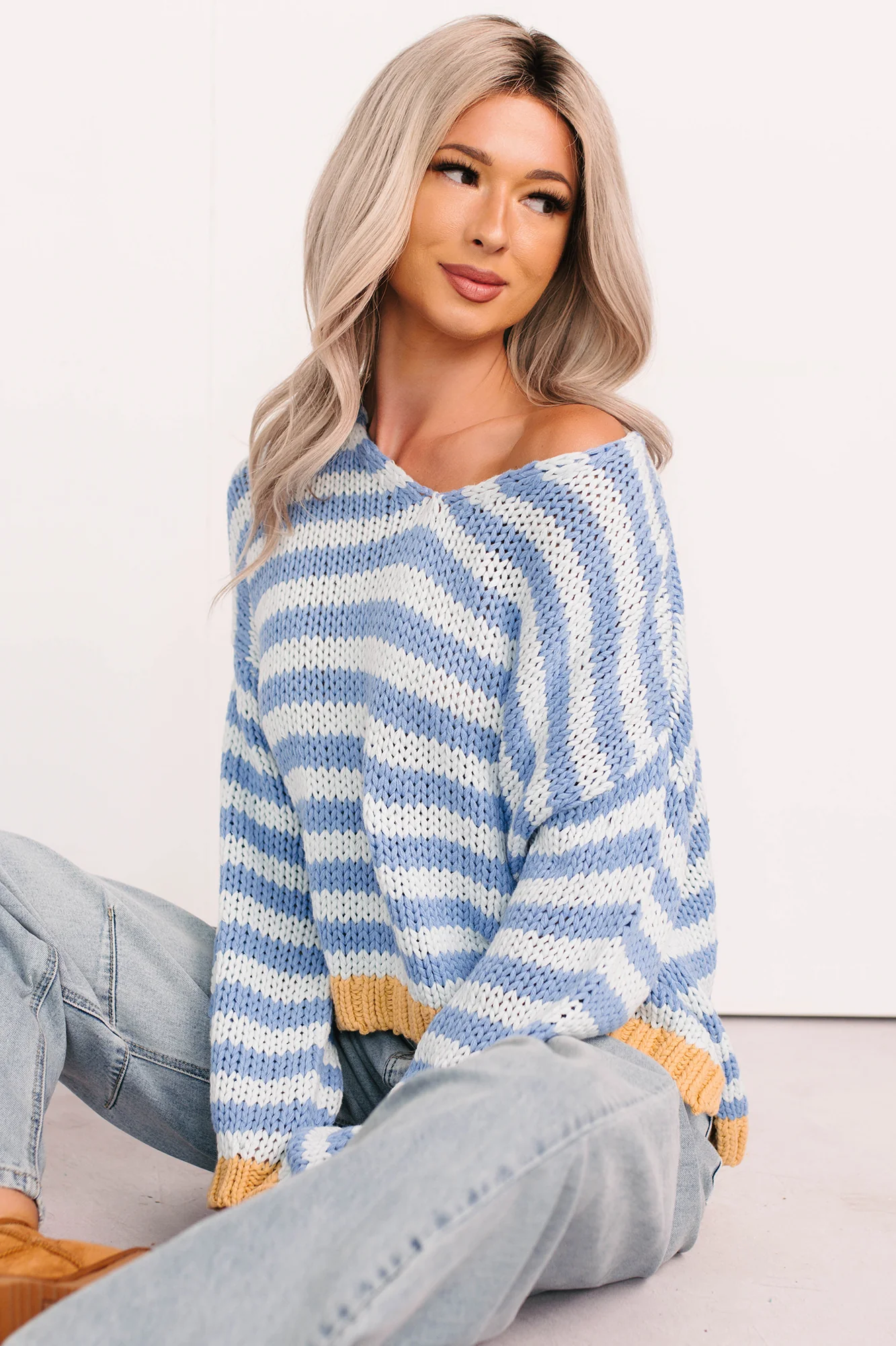 Deep Trance Relaxed Stripe Sweater (Denim/Mustard) - Image 7