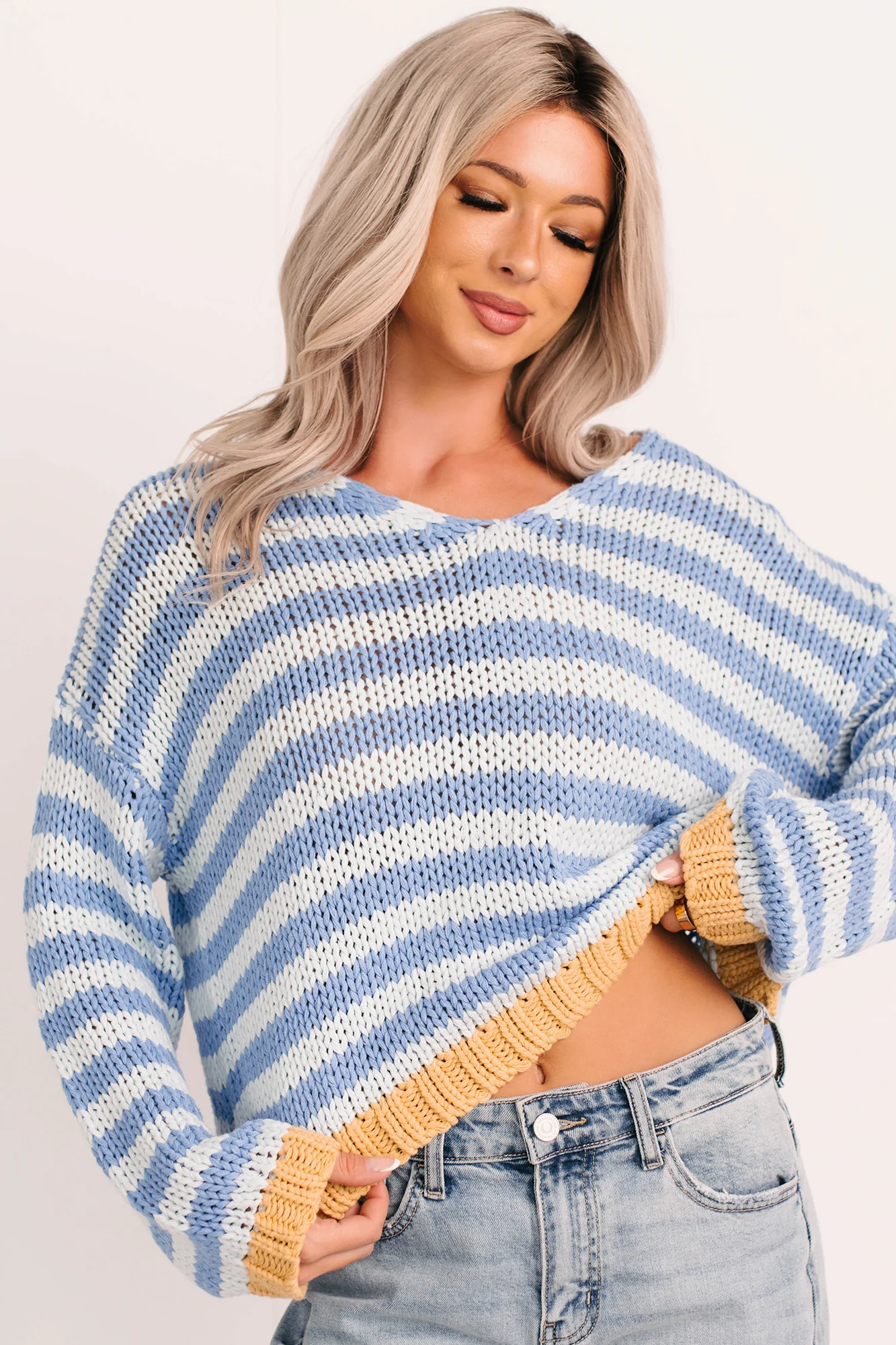 Deep Trance Relaxed Stripe Sweater (Denim/Mustard) - Image 8