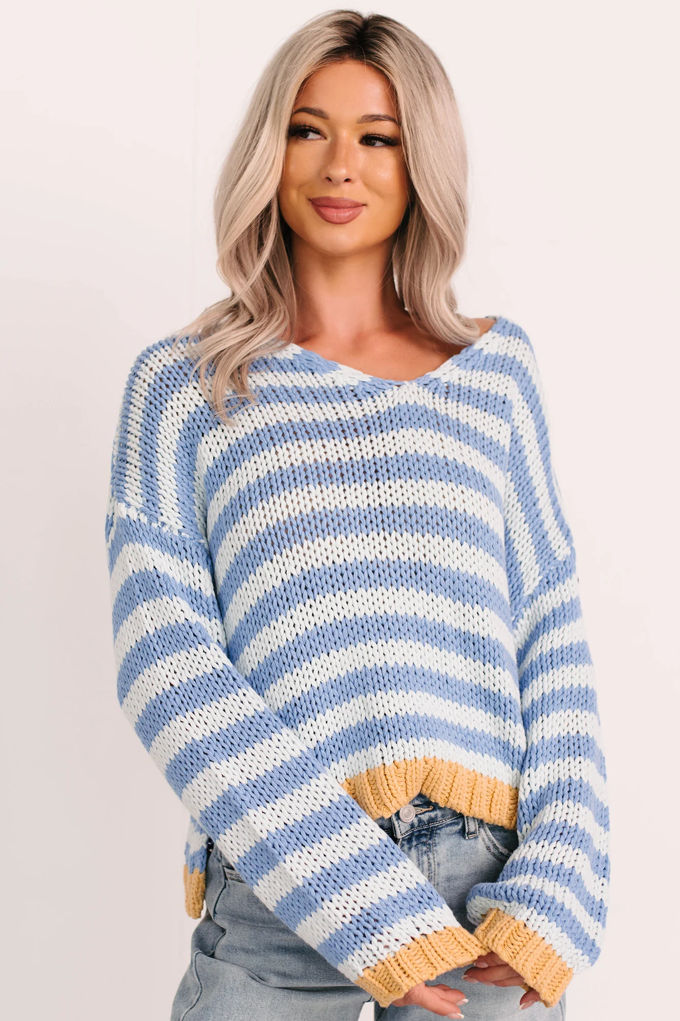 Deep Trance Relaxed Stripe Sweater (Denim/Mustard) - Image 9