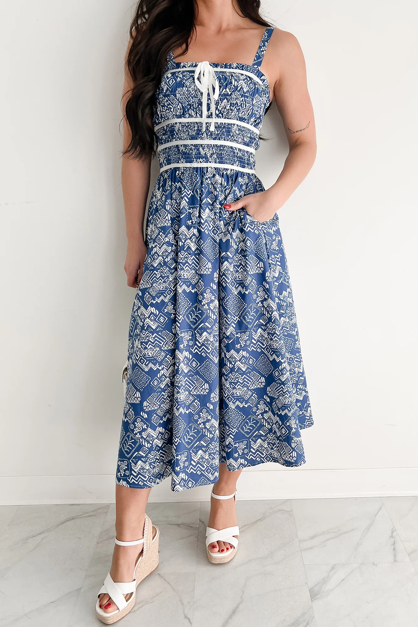 Deeply Devoted Smocked Printed Midi Dress (Denim Blue) - Image 12