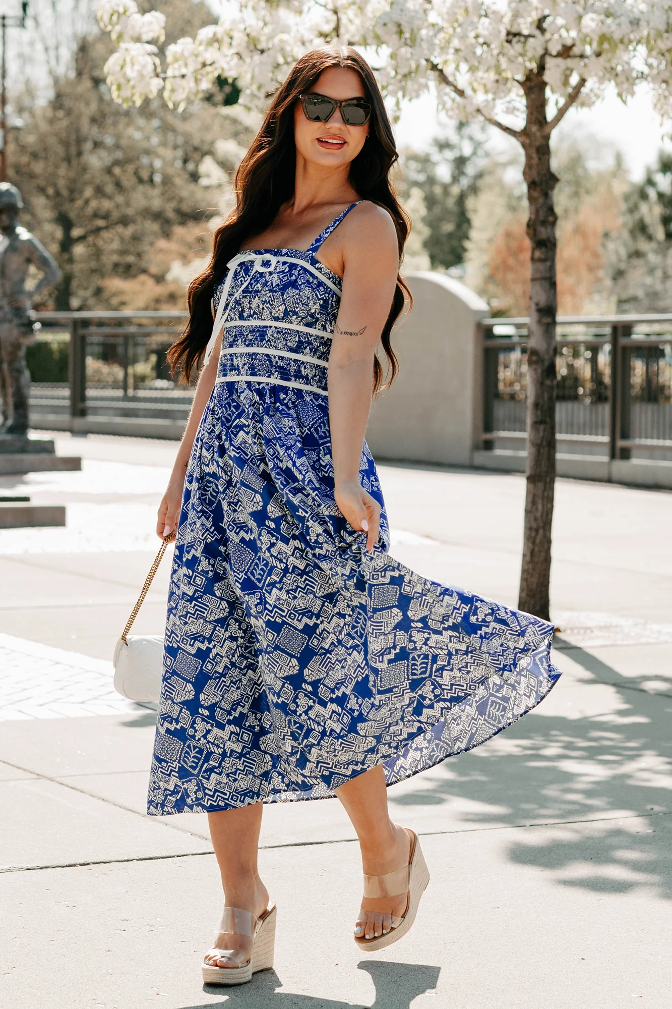 Deeply Devoted Smocked Printed Midi Dress (Denim Blue) - Image 2