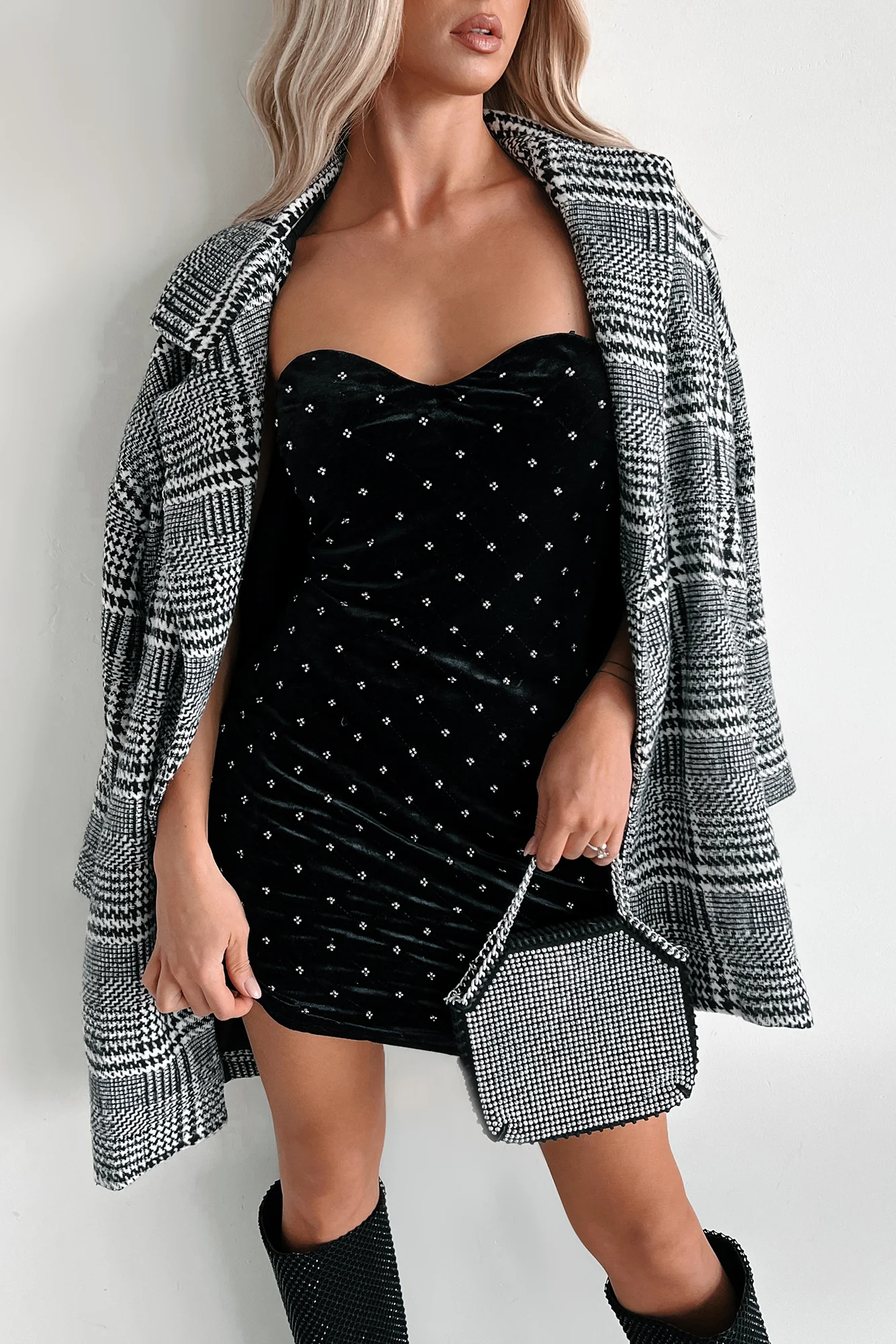 Defying Expectations Quilt Stitch Beaded Velvet Dress (Black) - Image 10
