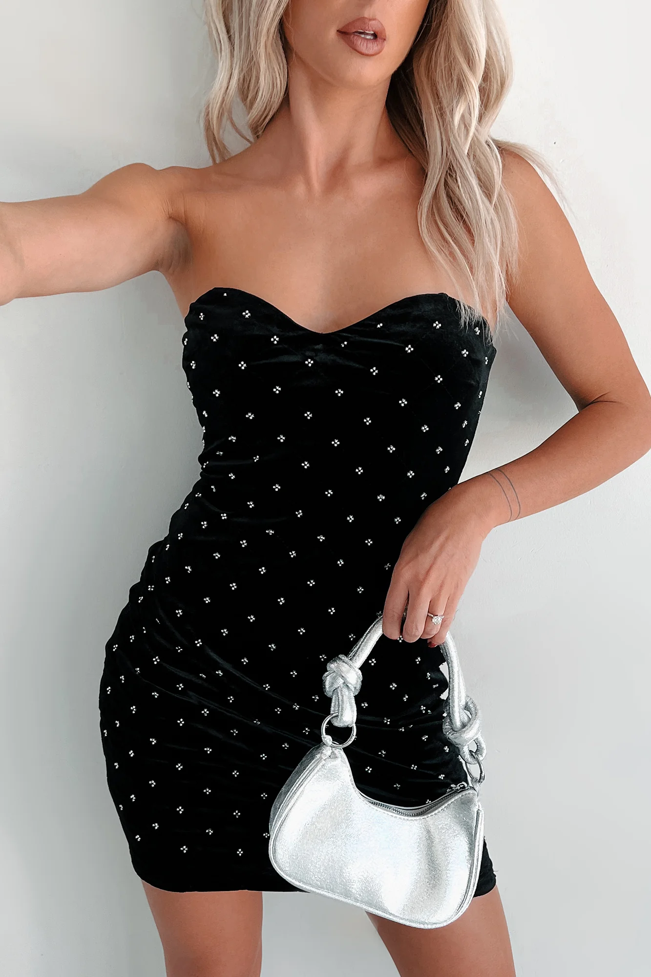 Defying Expectations Quilt Stitch Beaded Velvet Dress (Black) - Image 6