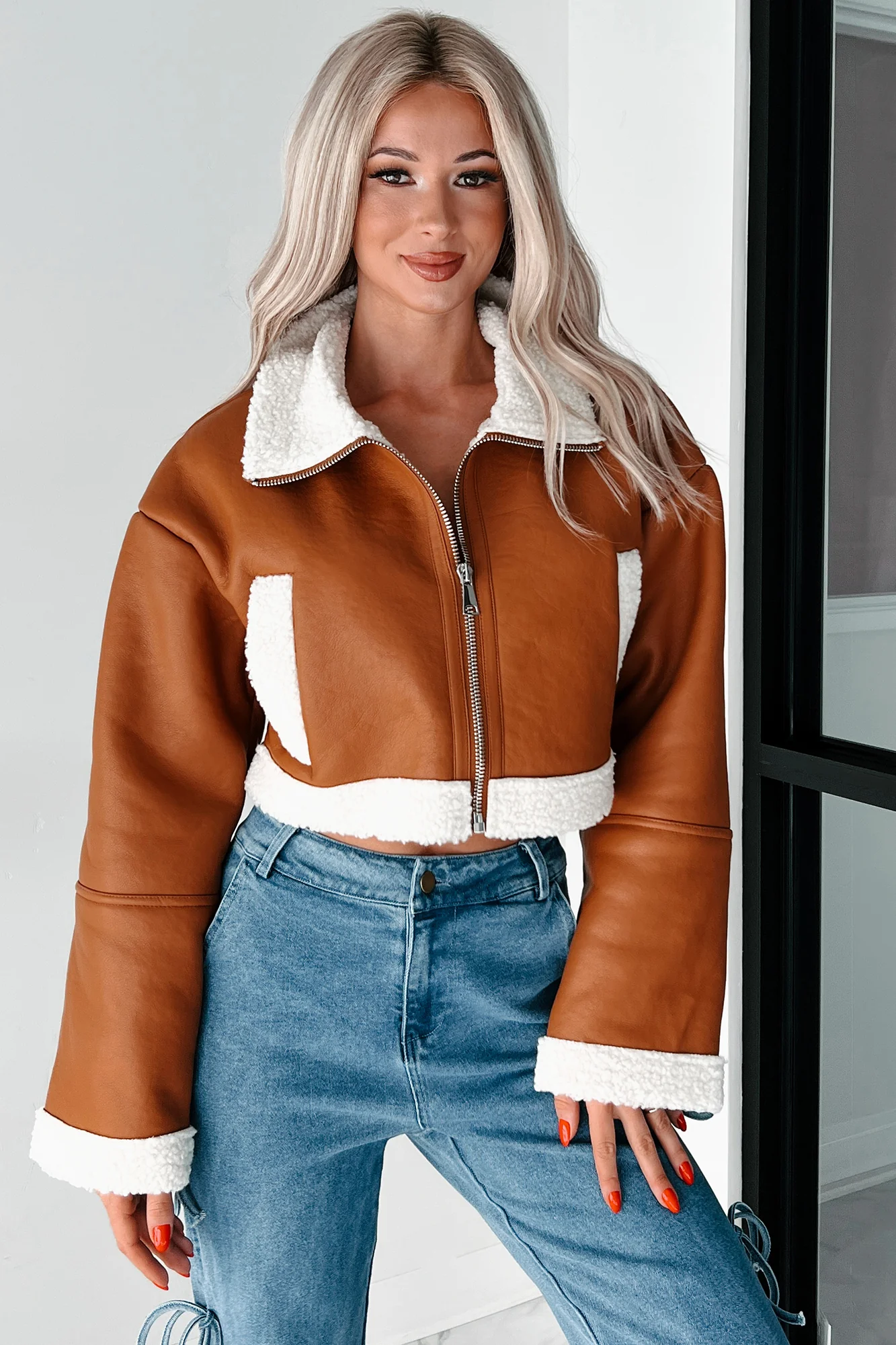 Denver Nights Faux Leather Crop Jacket (Brown) - Image 10