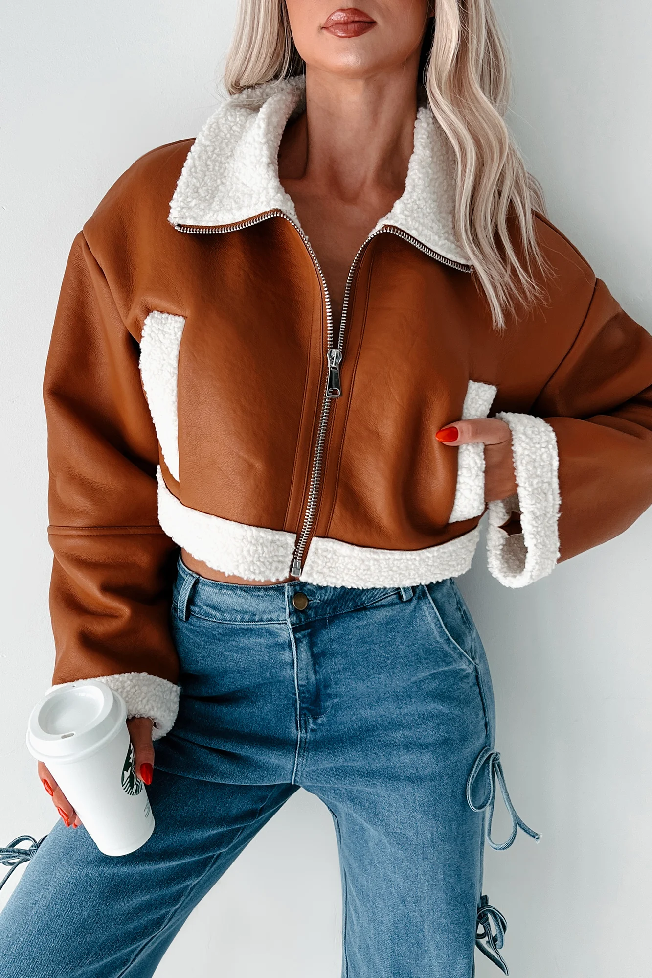 Denver Nights Faux Leather Crop Jacket (Brown) - Image 2