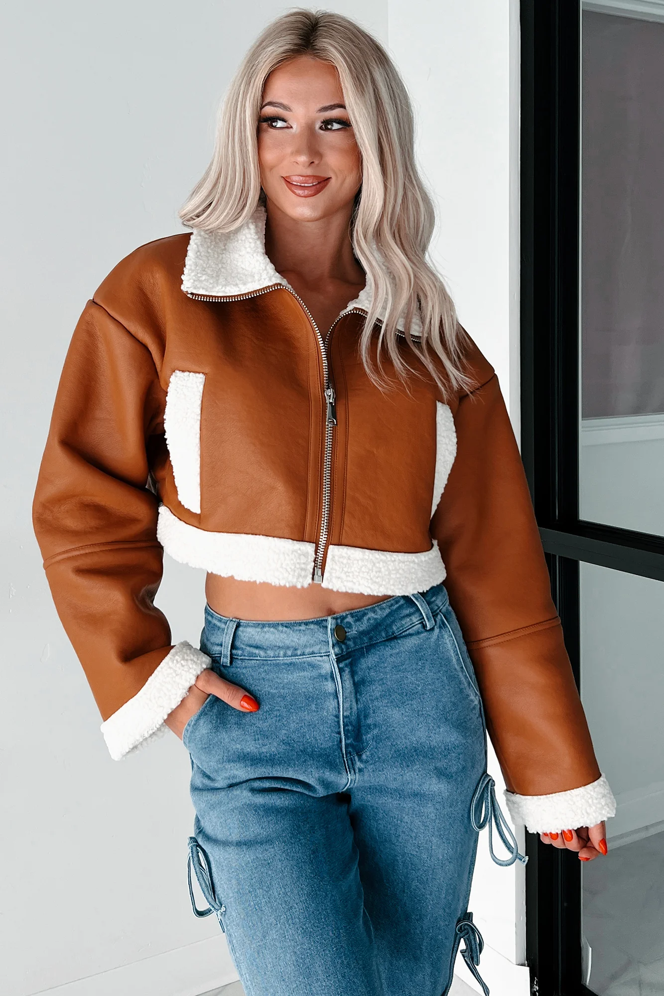 Denver Nights Faux Leather Crop Jacket (Brown) - Image 4