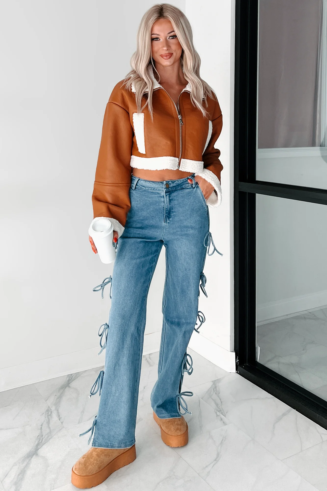 Denver Nights Faux Leather Crop Jacket (Brown) - Image 9