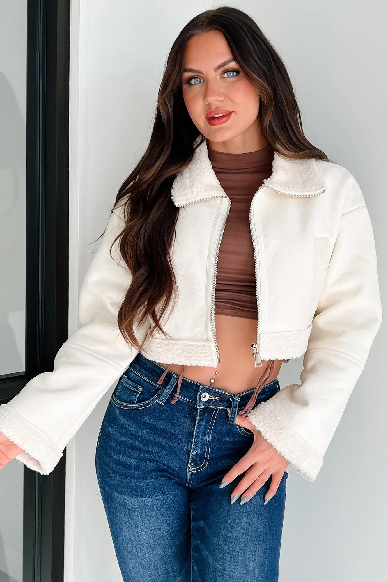 DOORBUSTER Denver Nights Faux Leather Crop Jacket (Cream) - Image 10