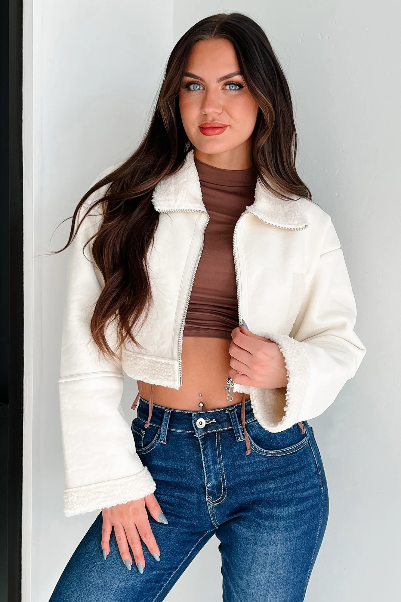 DOORBUSTER Denver Nights Faux Leather Crop Jacket (Cream) - Image 11