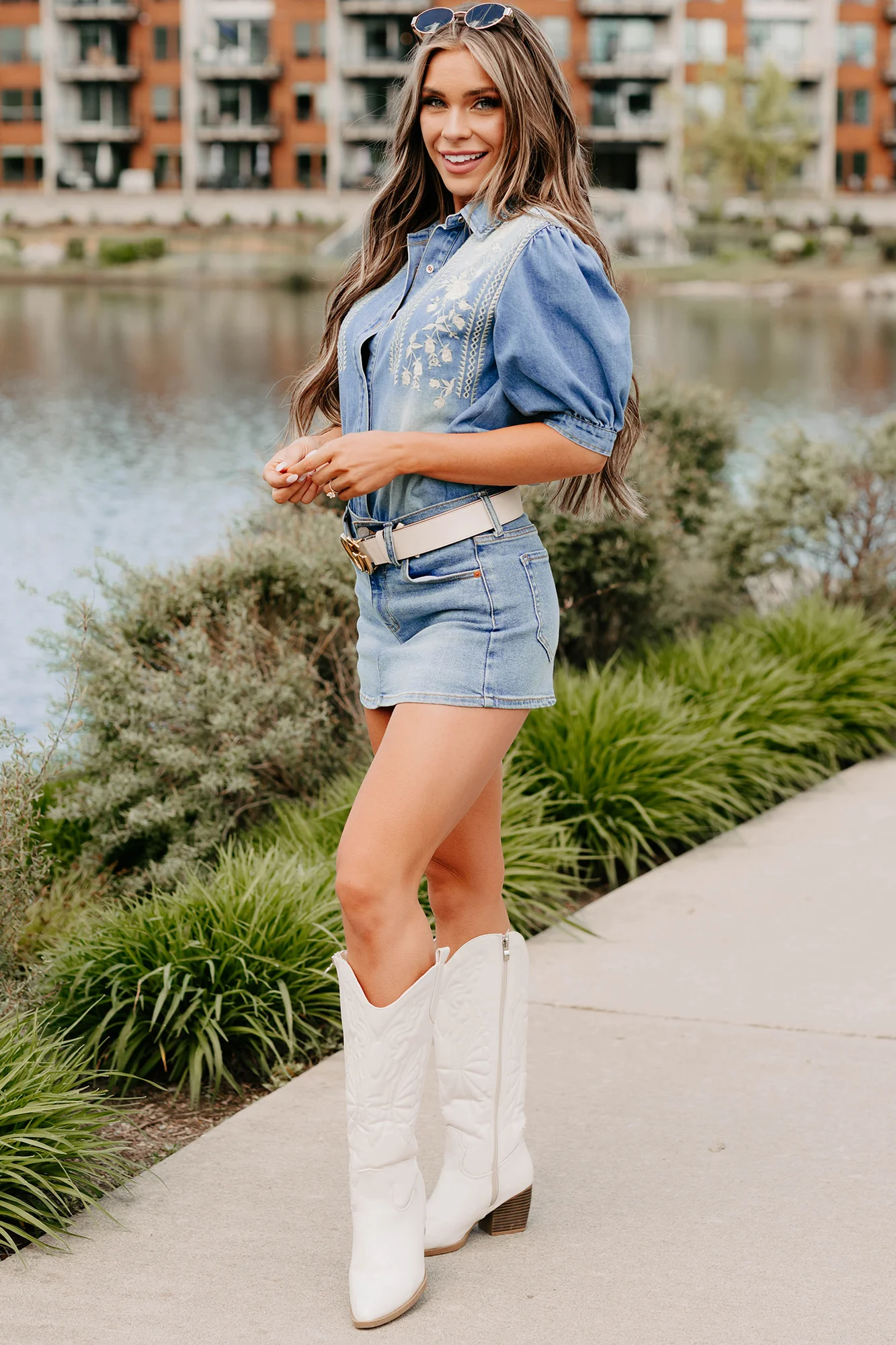Desert Rose Embroidered Denim Bodysuit (Medium Wash) - Image 6