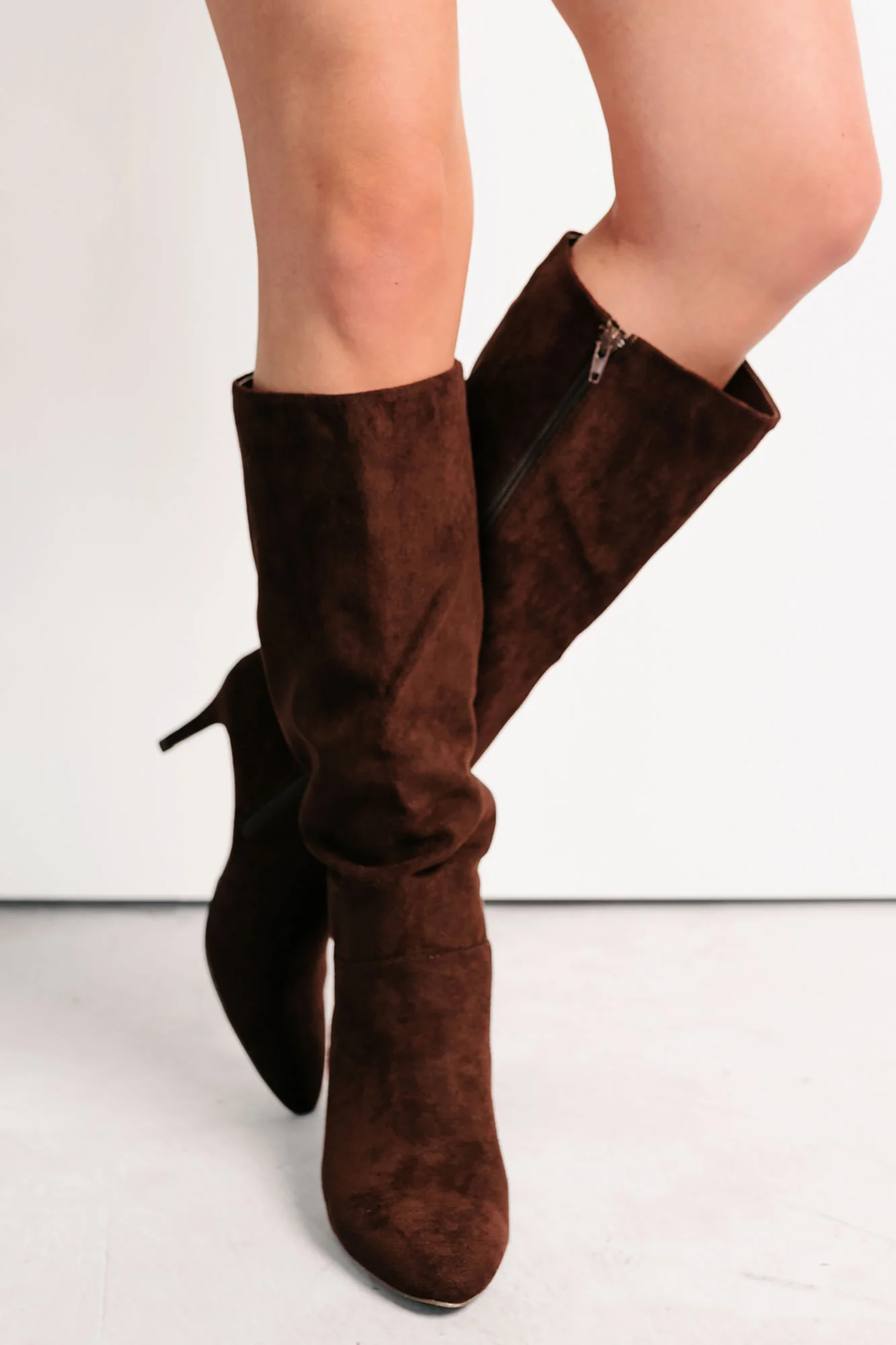 Desk Diva Knee High Faux Suede Stiletto Boots (Brown) - Image 4