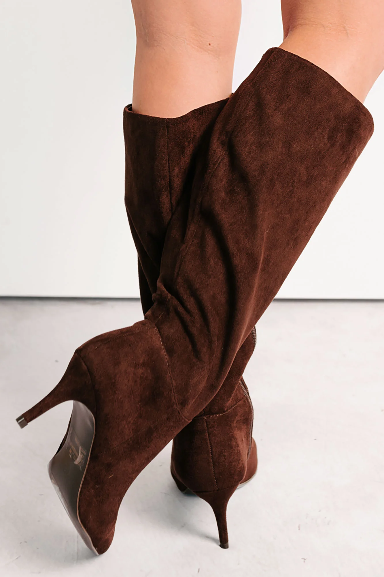 Desk Diva Knee High Faux Suede Stiletto Boots (Brown) - Image 5
