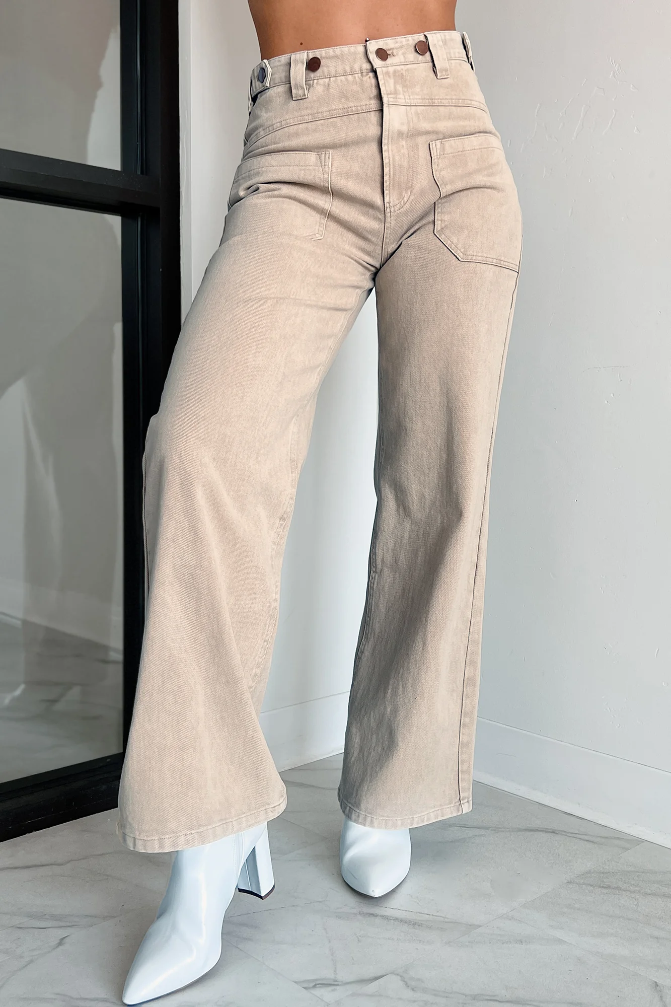 Destry High Waisted Wide Leg Jeans (Beige) - Image 4