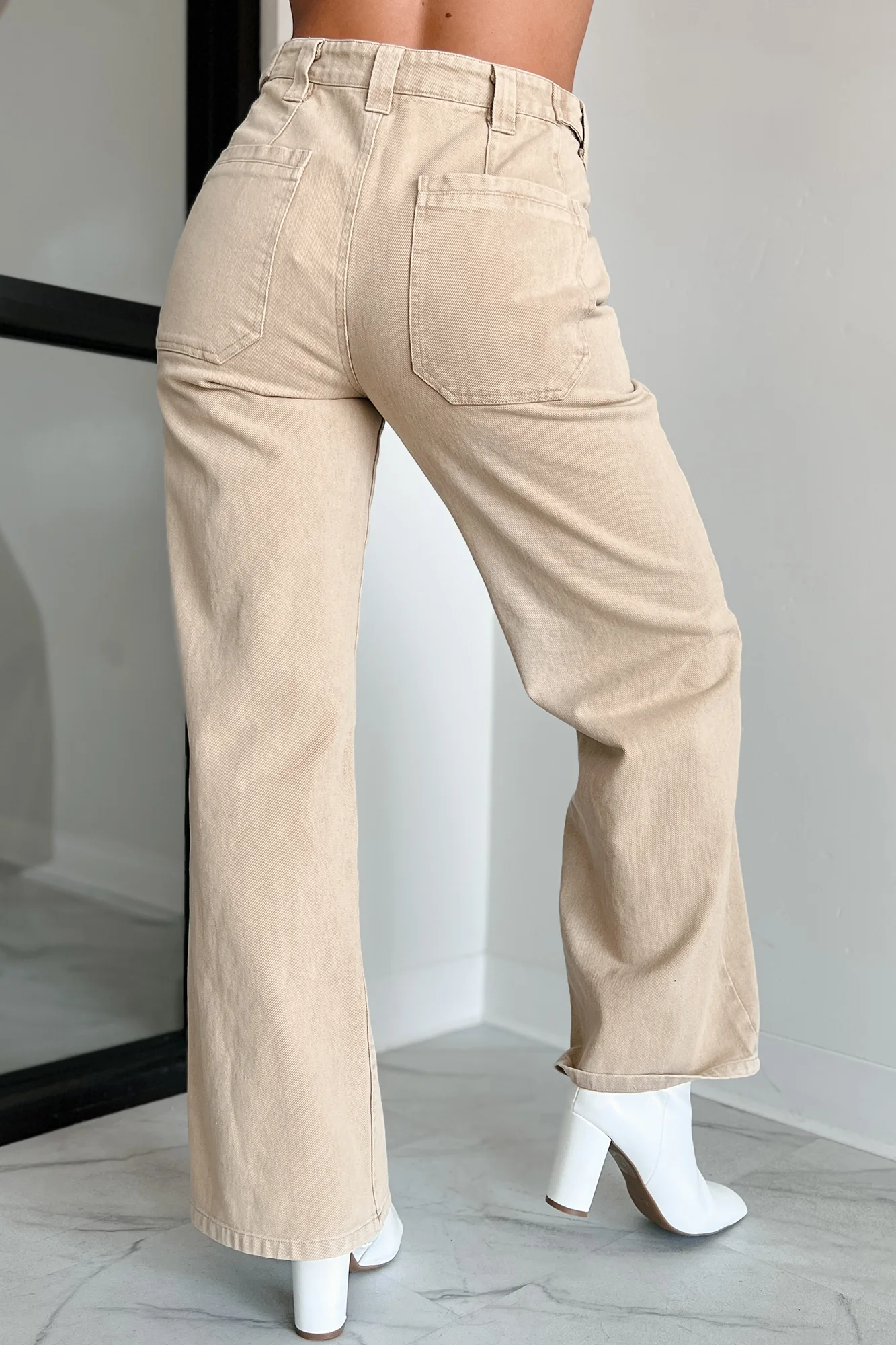 Destry High Waisted Wide Leg Jeans (Beige) - Image 5