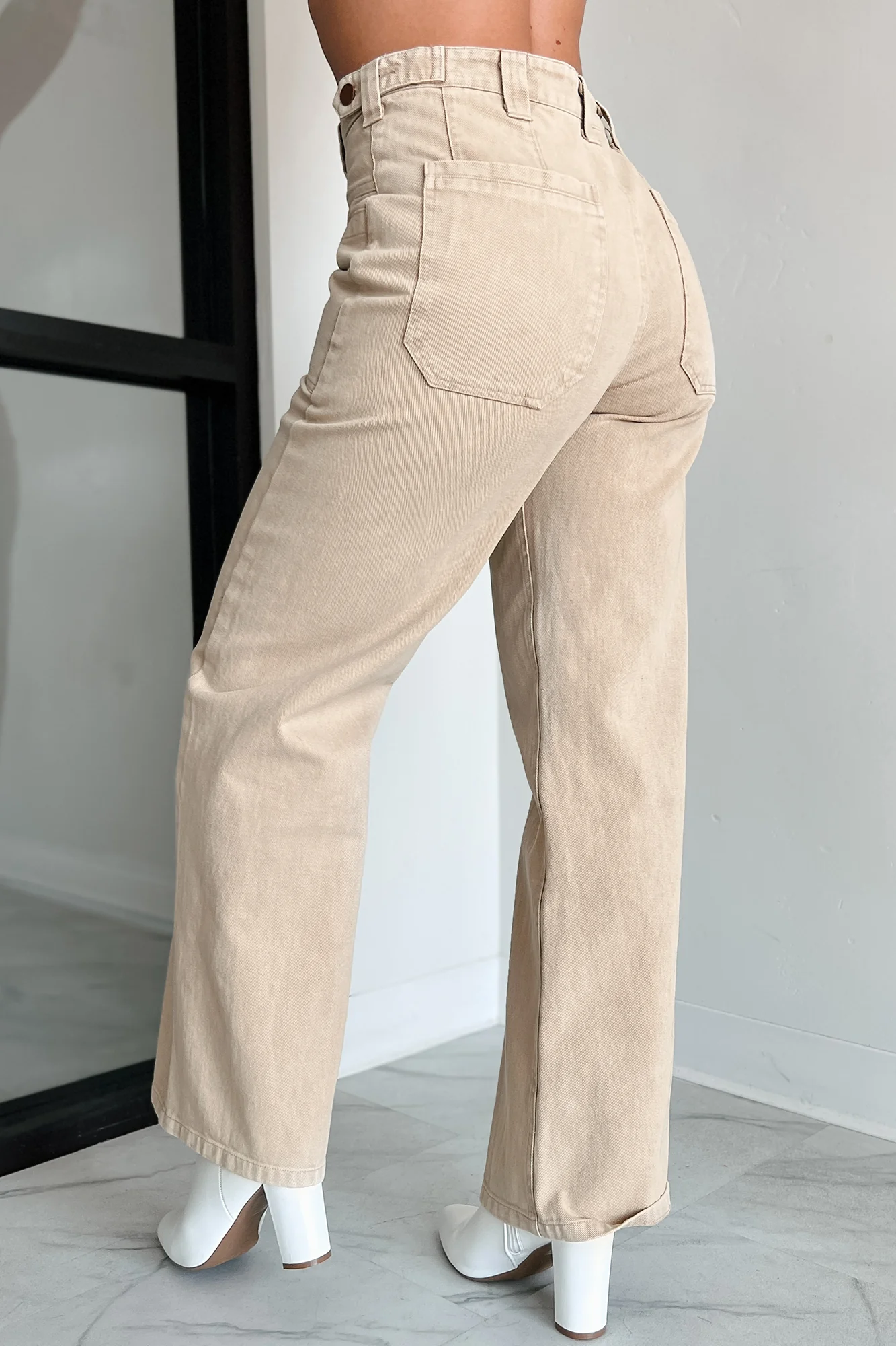 Destry High Waisted Wide Leg Jeans (Beige) - Image 6