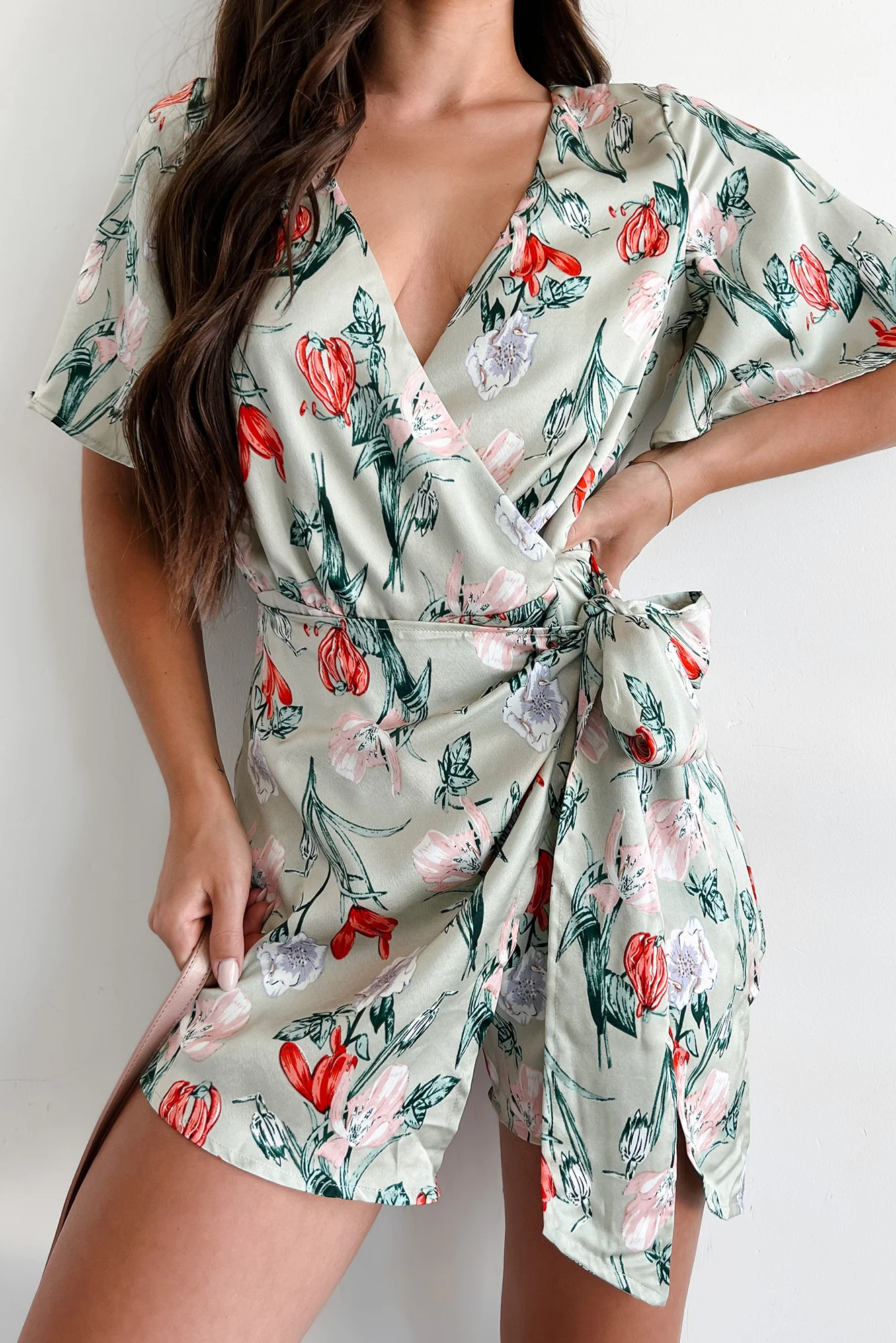 Discovering Paradise Satin Floral Romper (Sage Blue) - Image 2