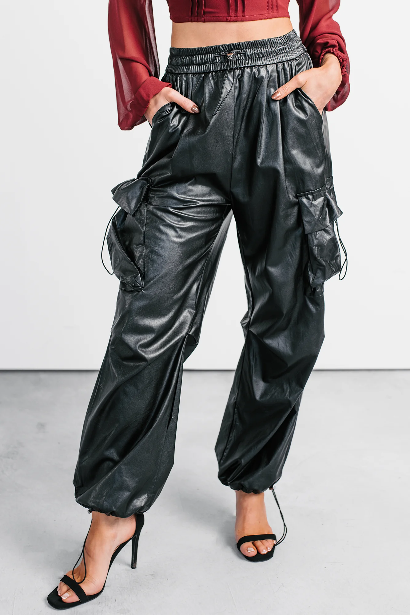 Don’t Be Shy Faux Leather Cargo Pants (Black) - Image 11