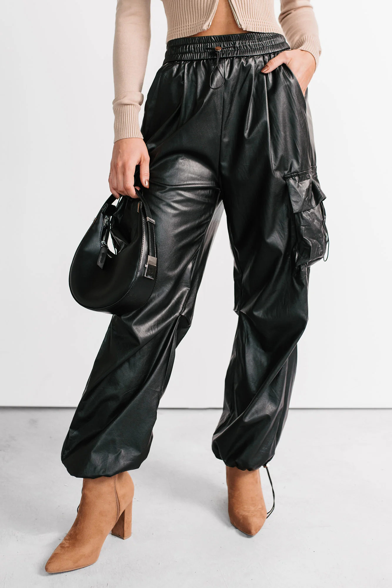 Don’t Be Shy Faux Leather Cargo Pants (Black) - Image 2