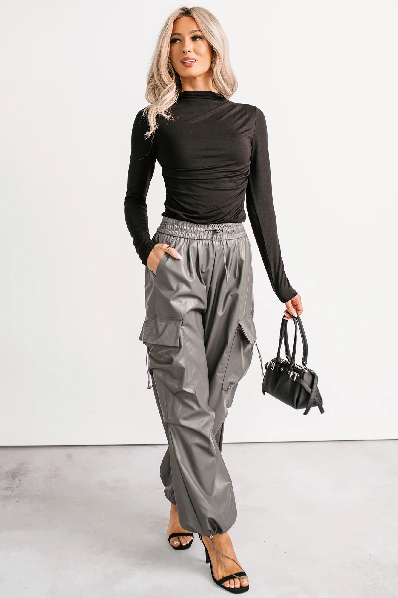 Don’t Be Shy Faux Leather Cargo Pants (Grey) - Image 12