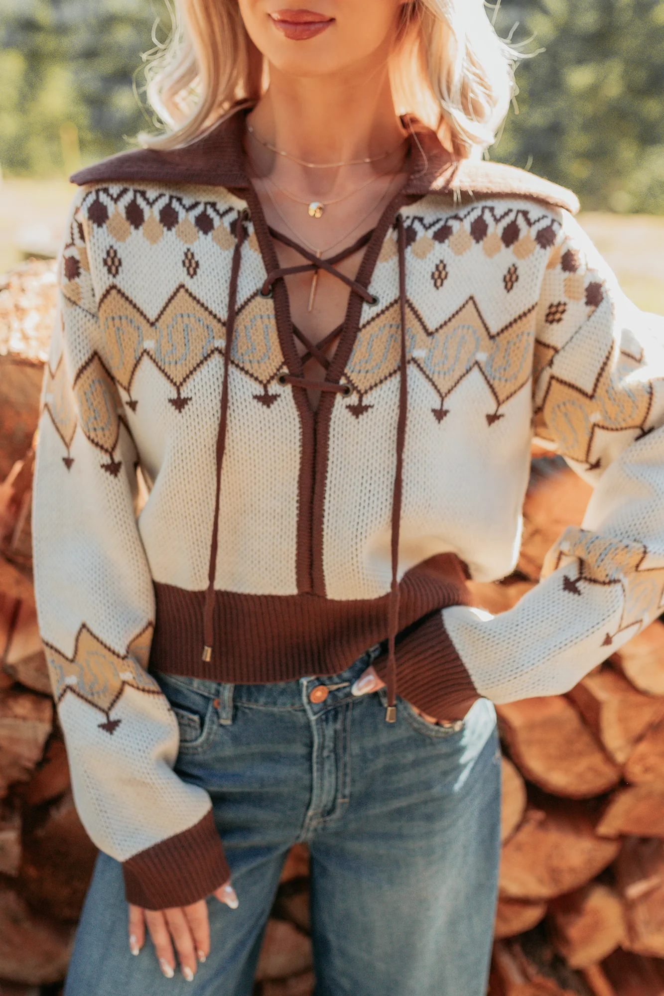 Don’t Overthink It Aztec Front Tie Sweater (Cream/Mix) - Image 3