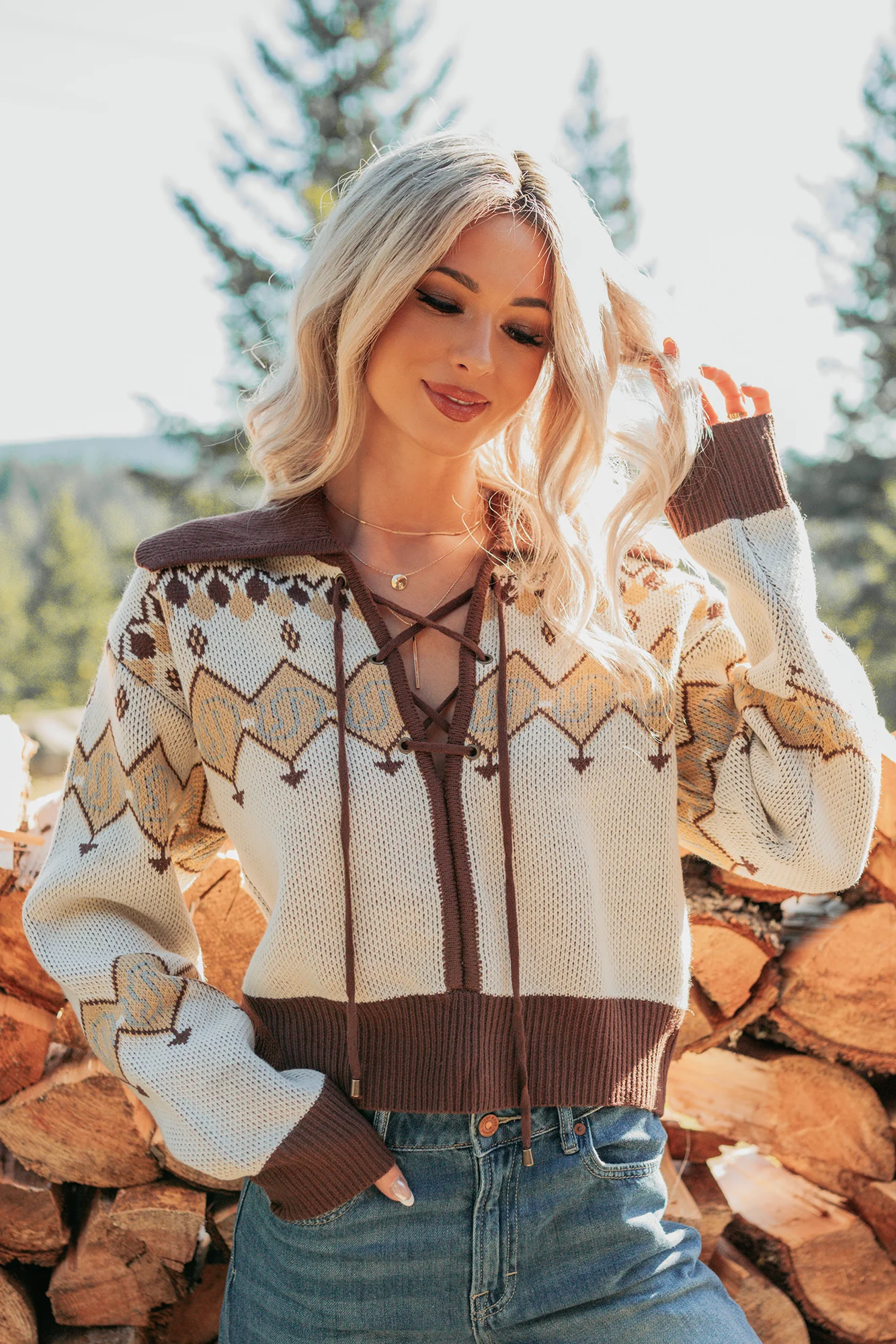 Don’t Overthink It Aztec Front Tie Sweater (Cream/Mix) - Image 6