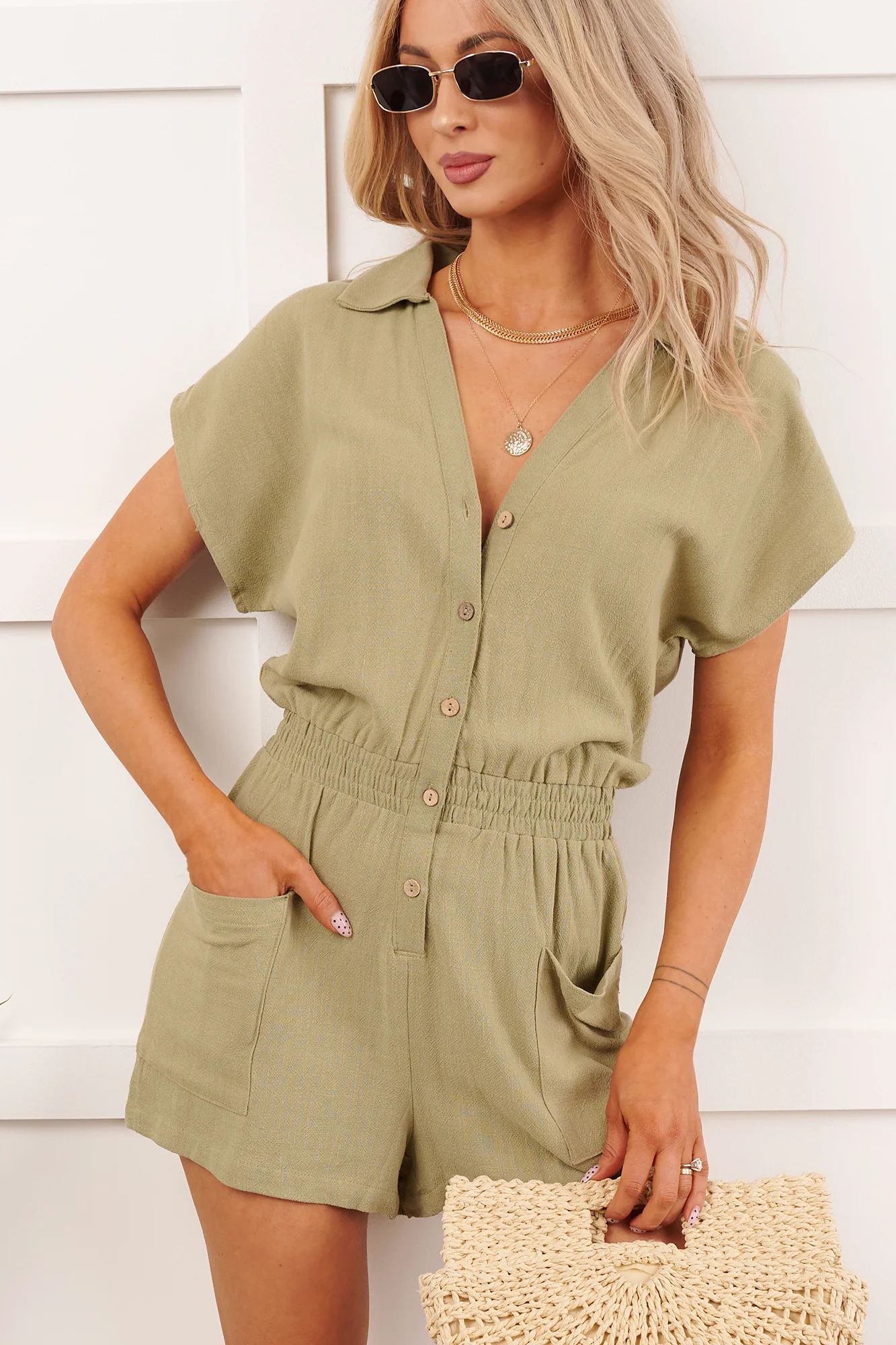 Done Proper Short Sleeve Collared Romper (Olive) - Image 2