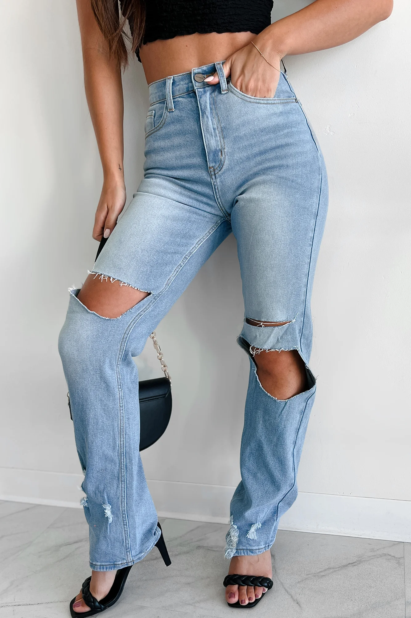 Don't Delay High Rise Distressed Straight Leg Dogma Jeans (Medium Wash) - Image 3