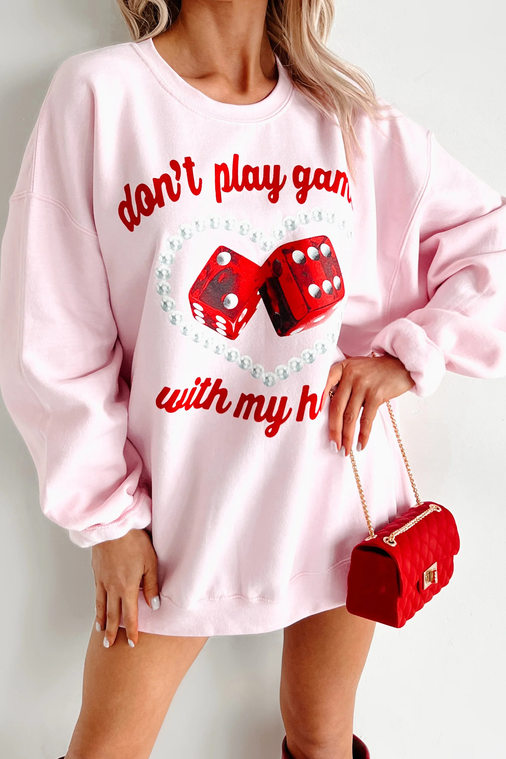 "Don't Play Games With My Heart" Graphic Crewneck (Light Pink) - Image 5